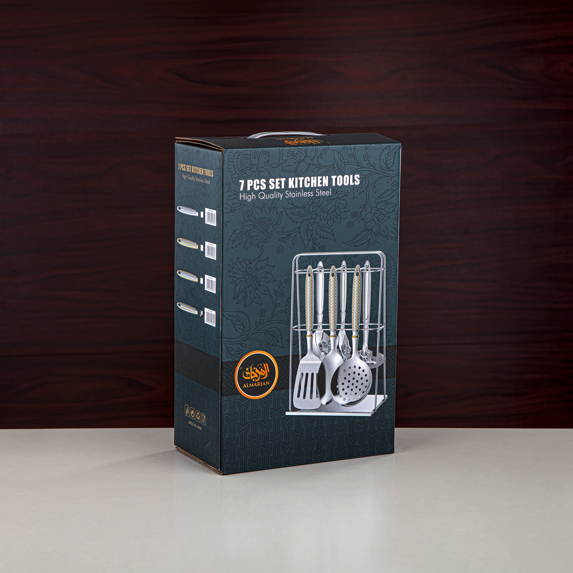 Almarjan Kitchen Tool Set 7 Pieces, Stainless Steel, With Stand, Silver & Gold (CUT0010472) Elegant Flatware