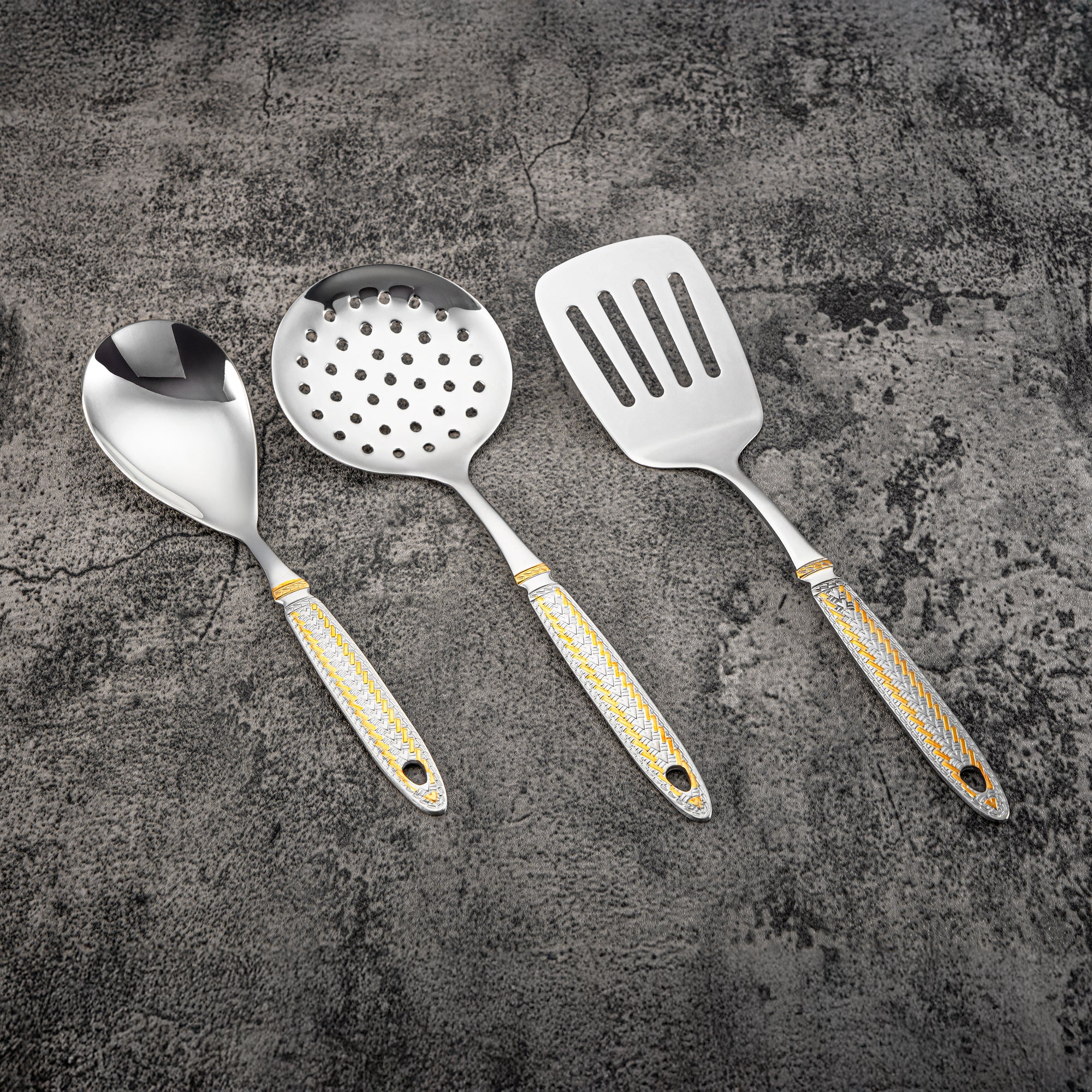 Almarjan Kitchen Tool Set 7 Pieces, Stainless Steel, With Stand, Silver & Gold (CUT0010472) Elegant Flatware