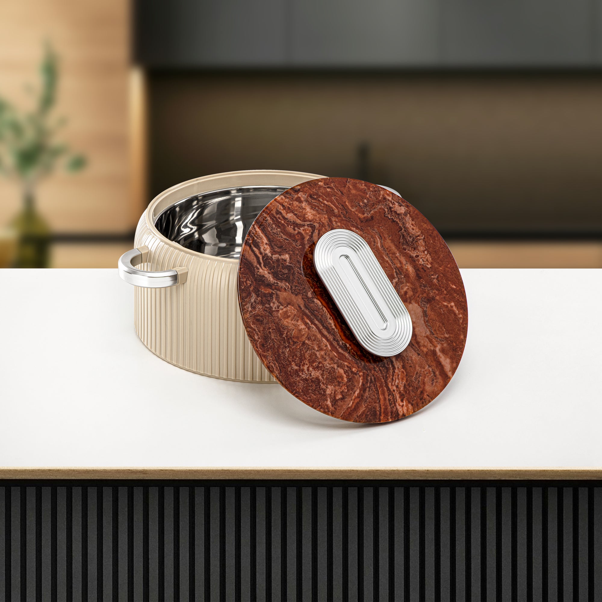 Almarjan Hot Pot Plastic, Set of 3 Pieces, Beige & Silver, 2000ML + 4000ML + 6500ML (EK-200/400/650 BR/MC) Ramadan Serveware