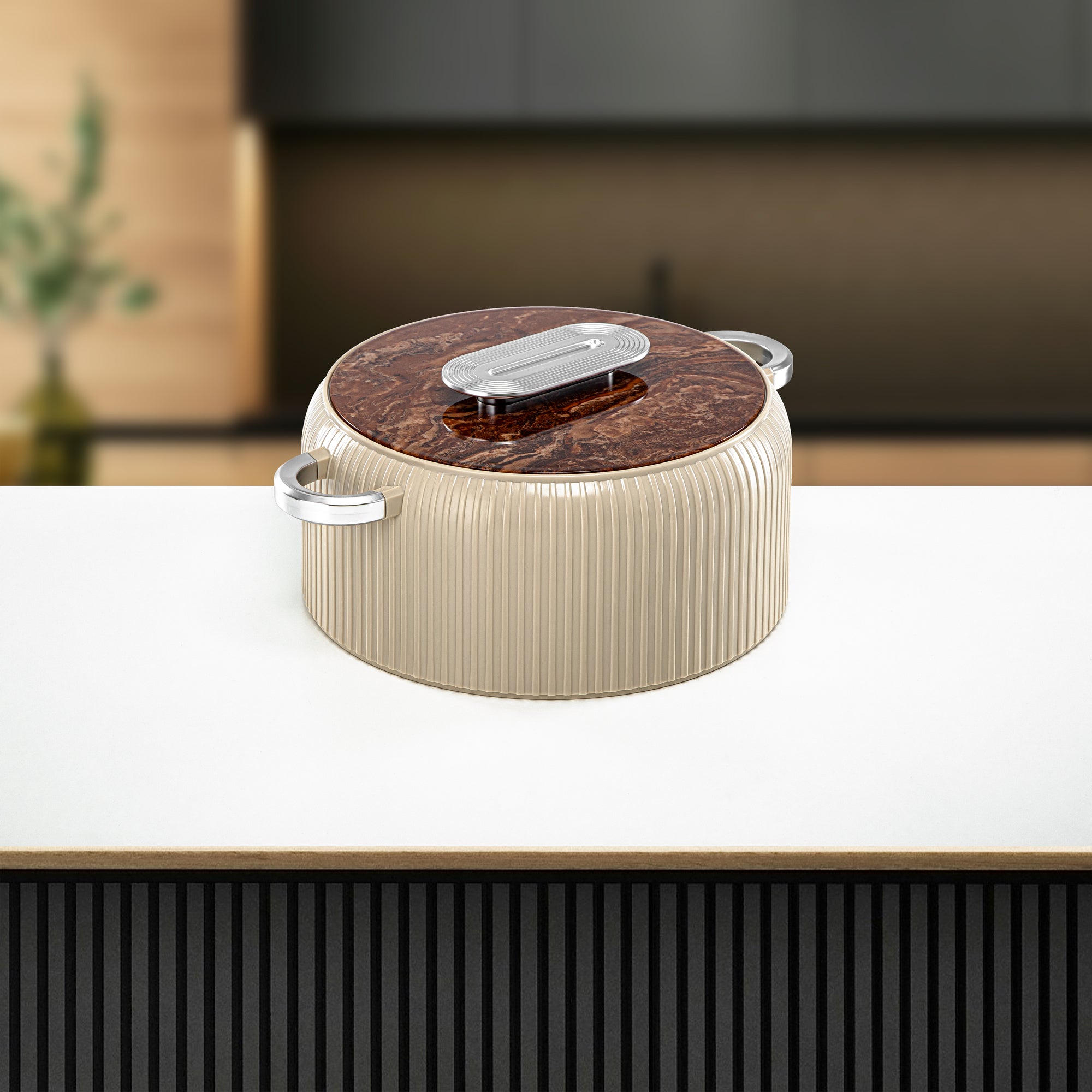 Almarjan Hot Pot Plastic, Set of 3 Pieces, Beige & Silver, 2000ML + 4000ML + 6500ML (EK-200/400/650 BR/MC) Ramadan Serveware