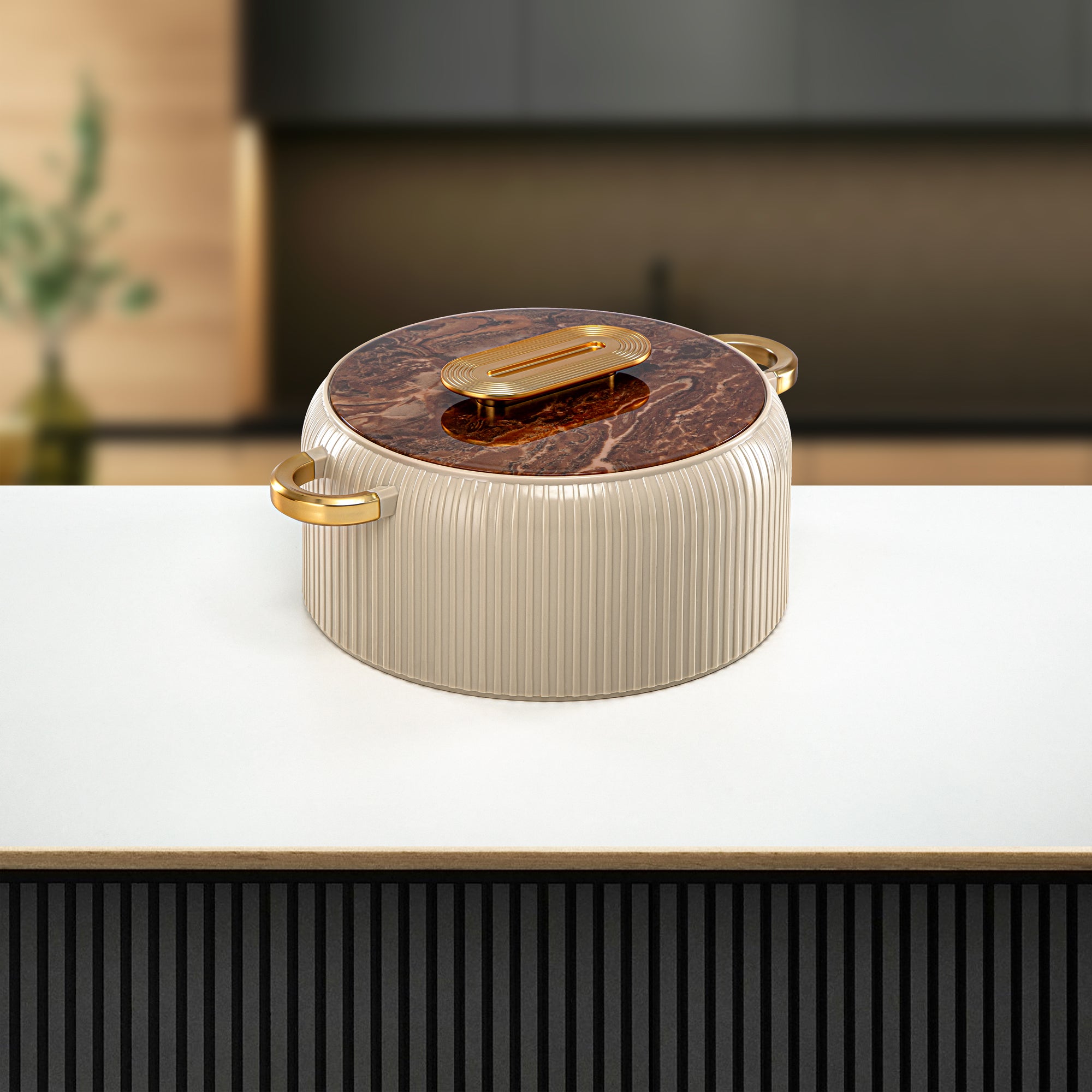 Almarjan Hot Pot Plastic, Set of 3 Pieces, Beige & Gold, 2000ML + 4000ML + 6500ML (EK-200/400/650 BR/MG) Ramadan Serveware