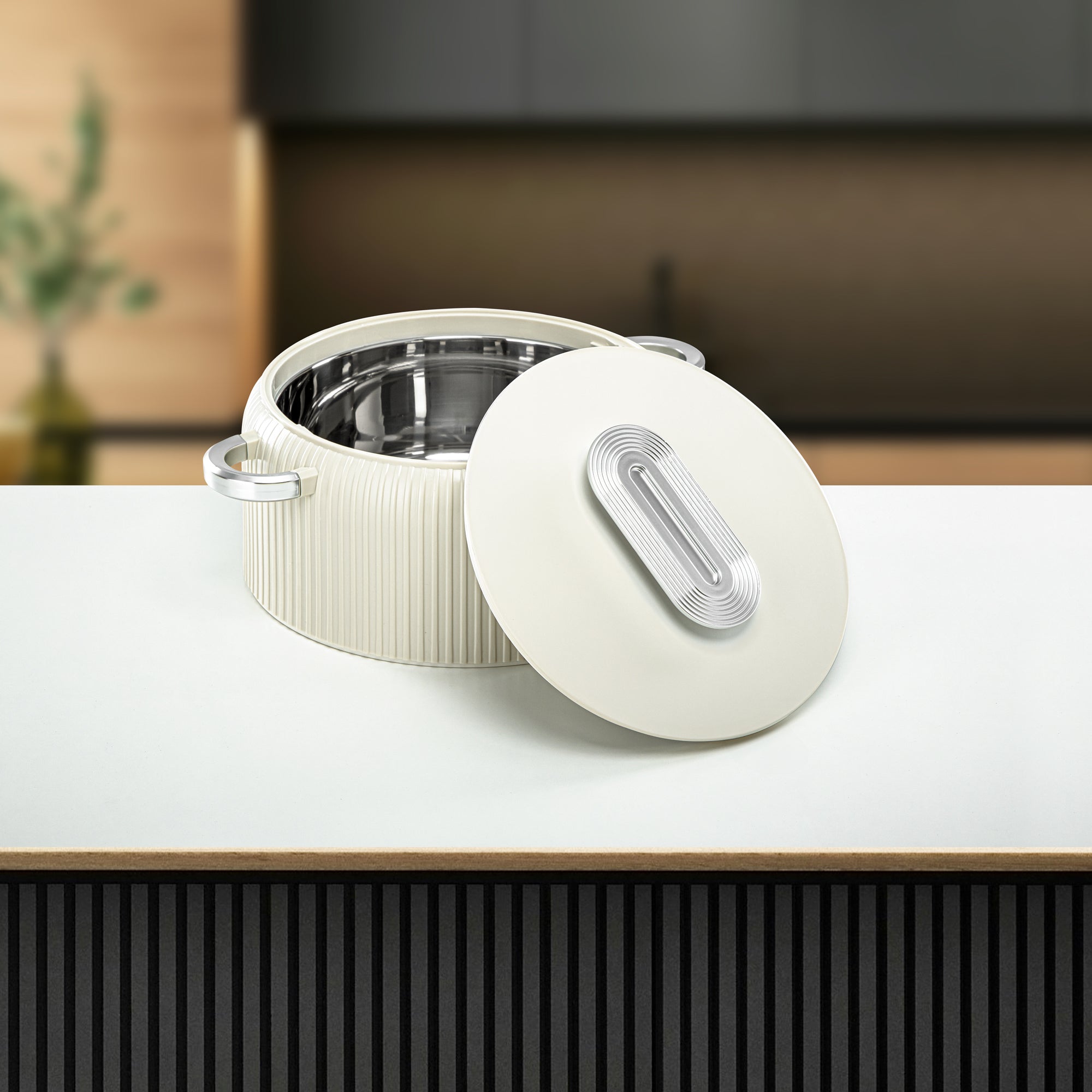 Almarjan Hot Pot Plastic, Set of 3 Pieces, Ivory & Silver, 2000ML + 4000ML + 6500ML (EK-200/400/650 MIV/MC) Ramadan Serveware