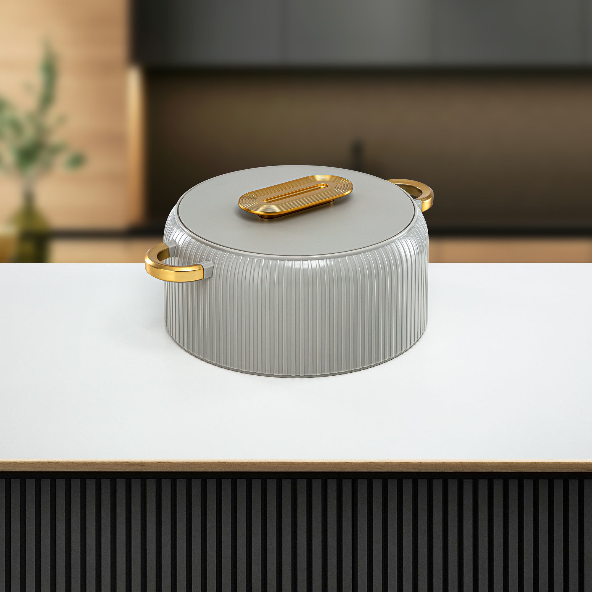 Almarjan Hot Pot Plastic, Set of 3 Pieces, Soft Grey & Gold, 2000ML + 4000ML + 6500ML (EK-200/400/650 MSG/MG) Ramadan Serveware