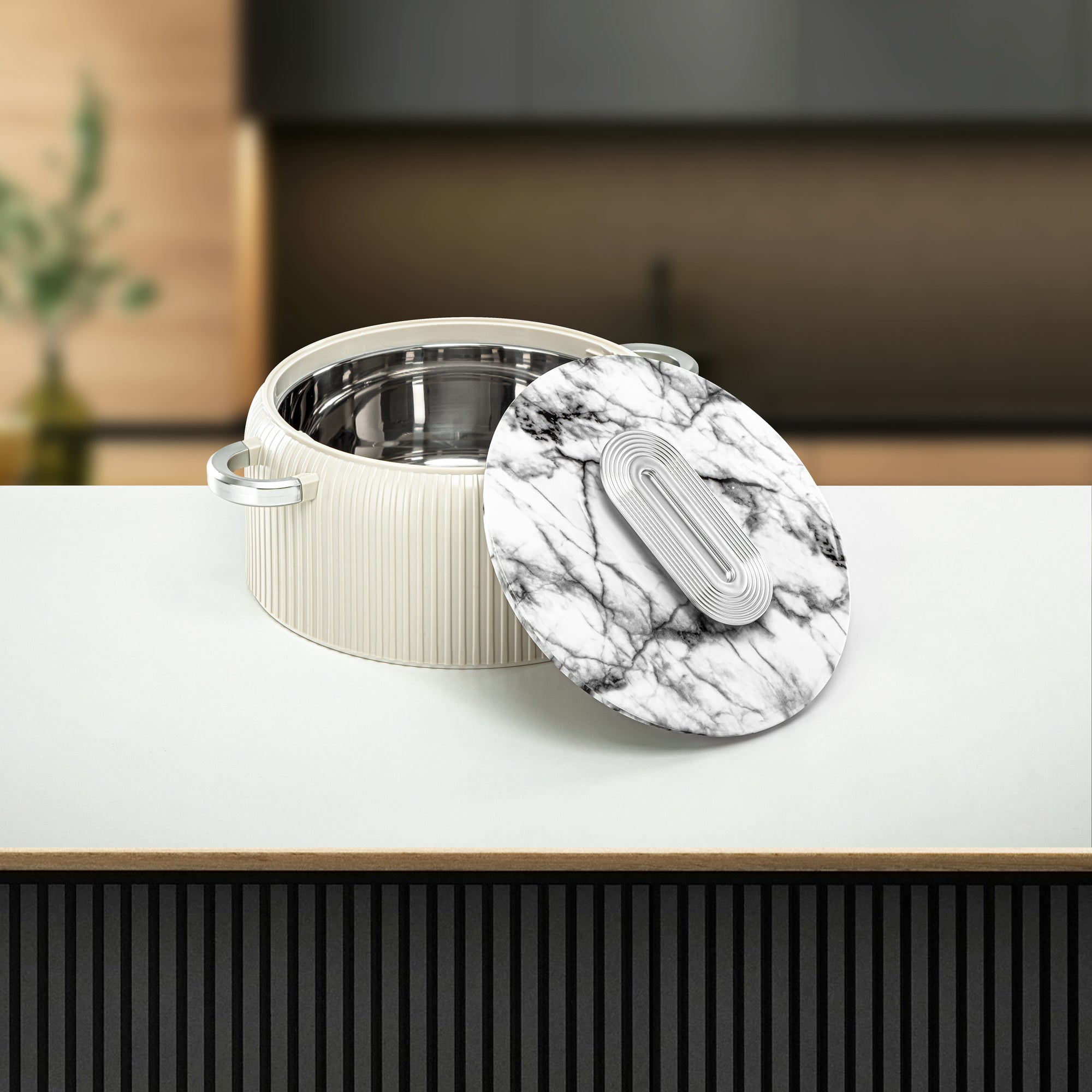 Almarjan Hot Pot Plastic, Set of 3 Pieces, White & Silver, 2000ML + 4000ML + 6500ML (EK-200/400/650 WM/MC) Ramadan Serveware