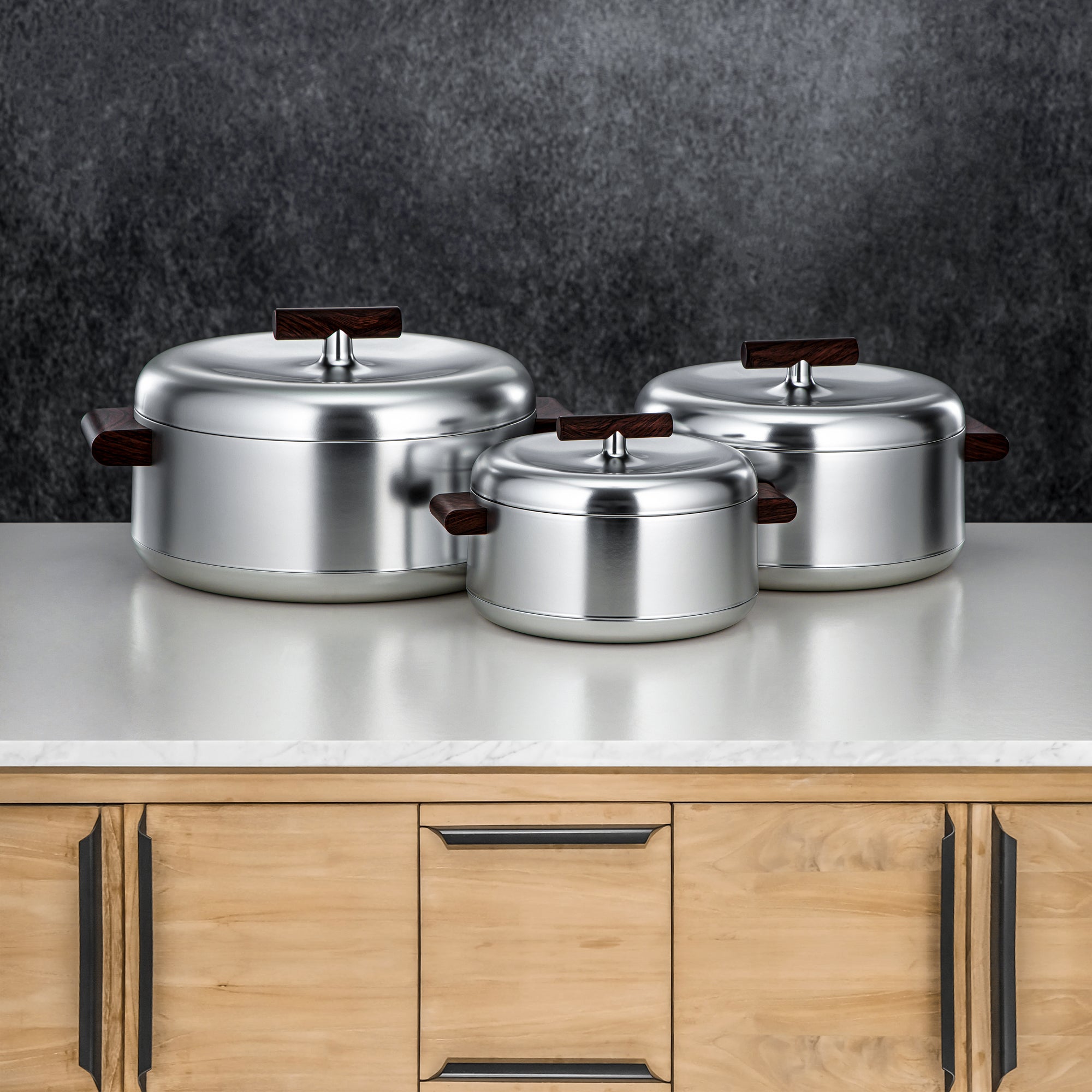 Almarjan Hot Pot Set ABS 1L, 2.5L, 3L Matt silver & dark wood (EL-100/250/300 MC/DW)