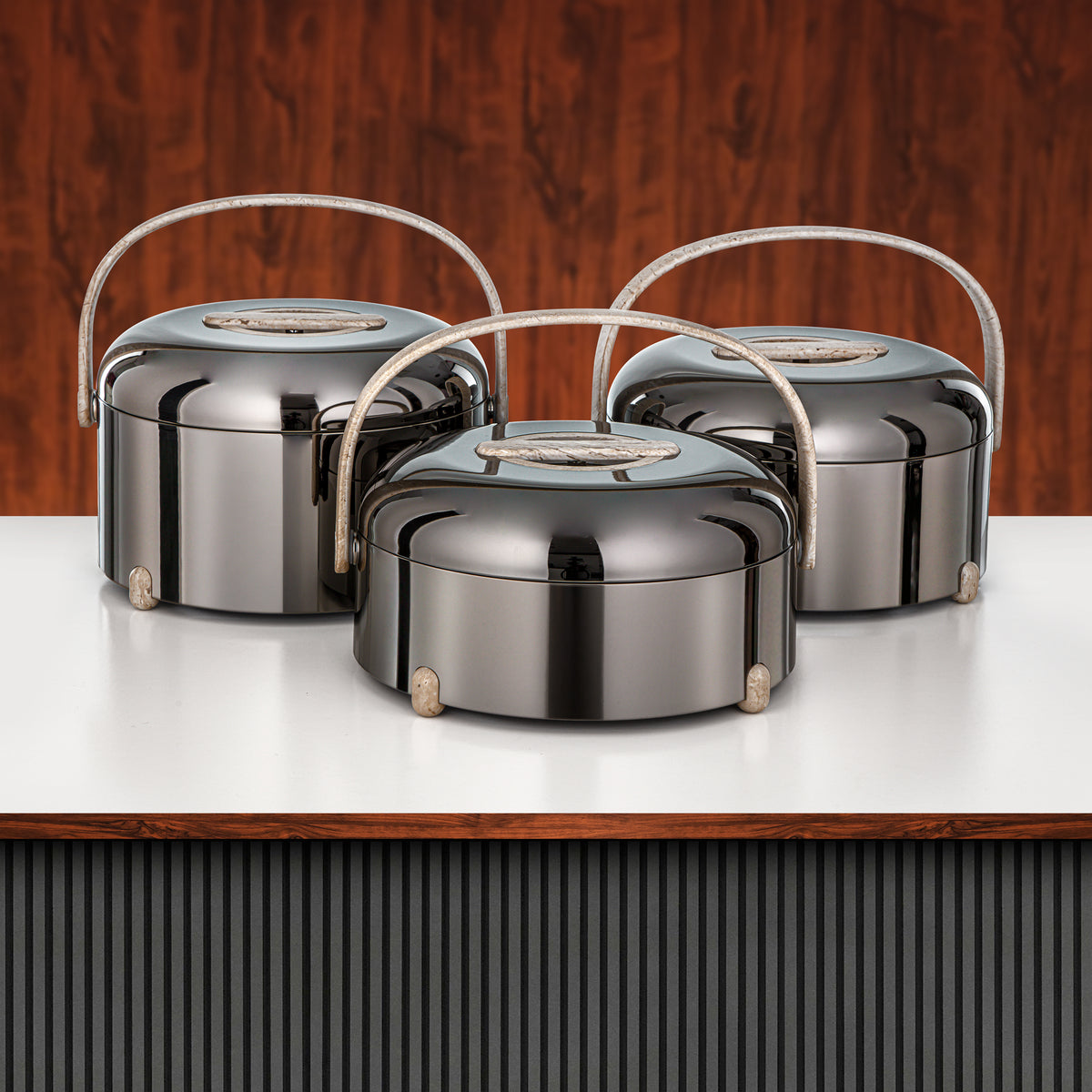 Almarjan 3 Pieces Hot Pot Set, Gun Black & Travertine Marble
