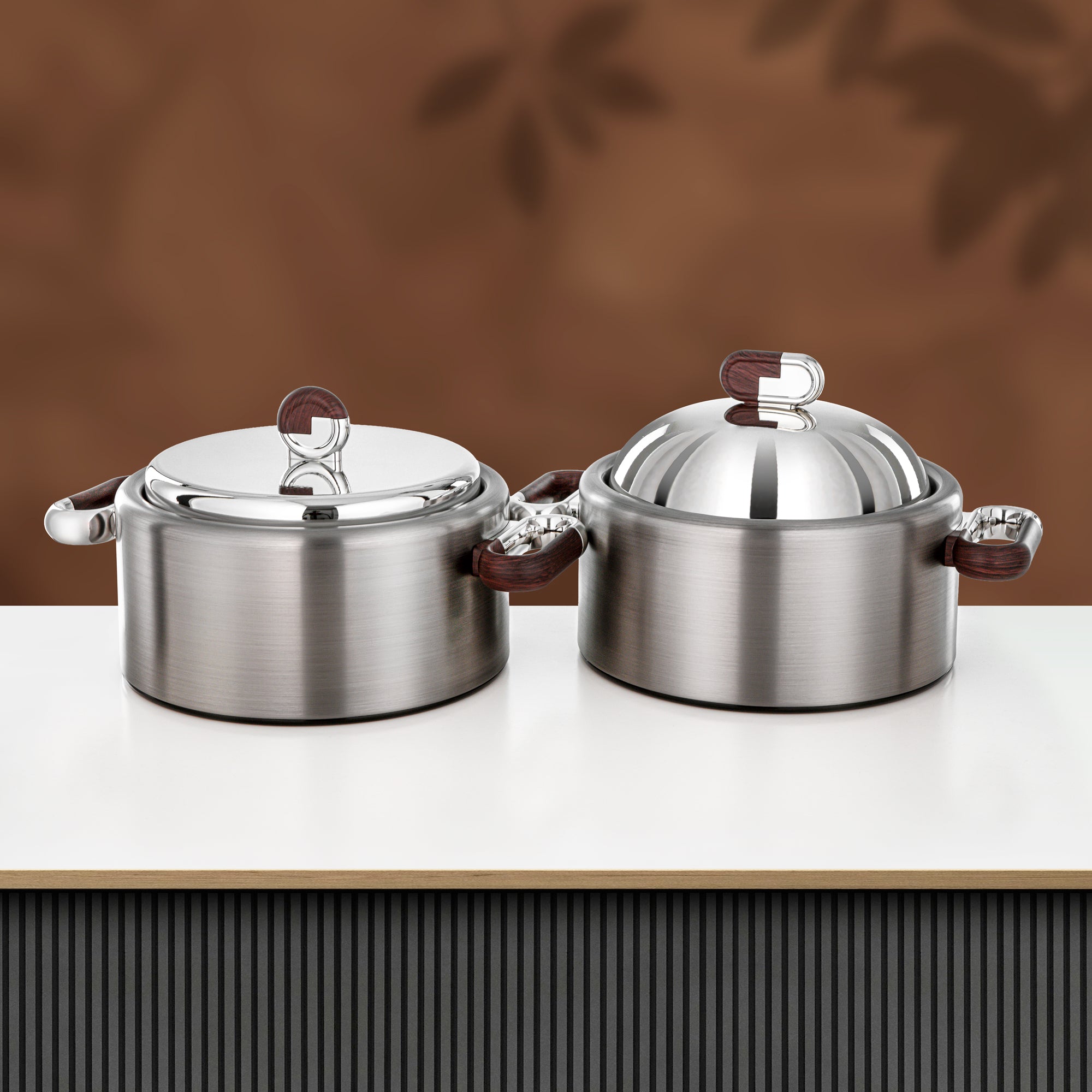 Almarjan 2 Pieces Hot Pot Set, Brushed Matt Silver & Dark Wood