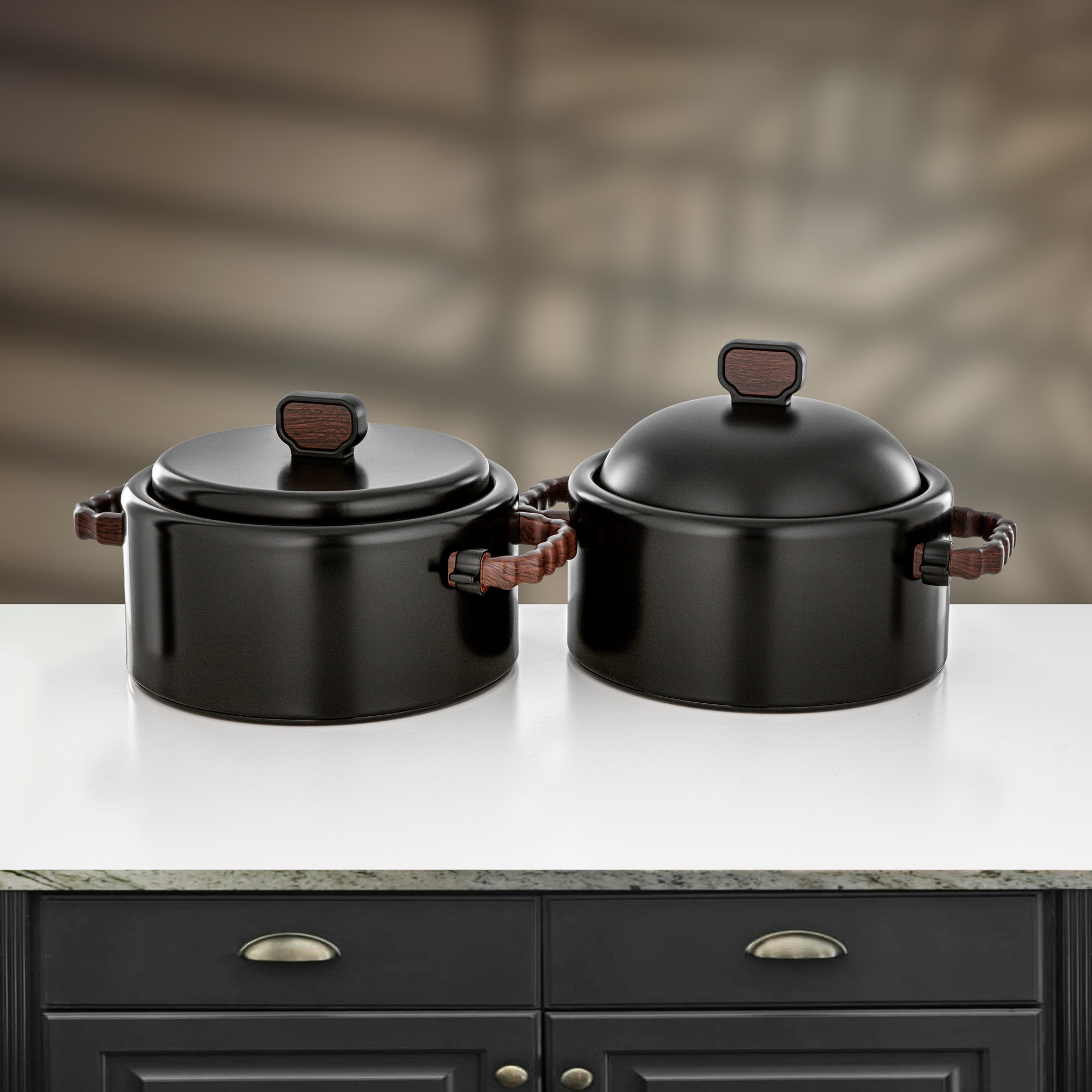 Almarjan 2 Pieces Hot Pot Set, Matt Black & Dark Wood