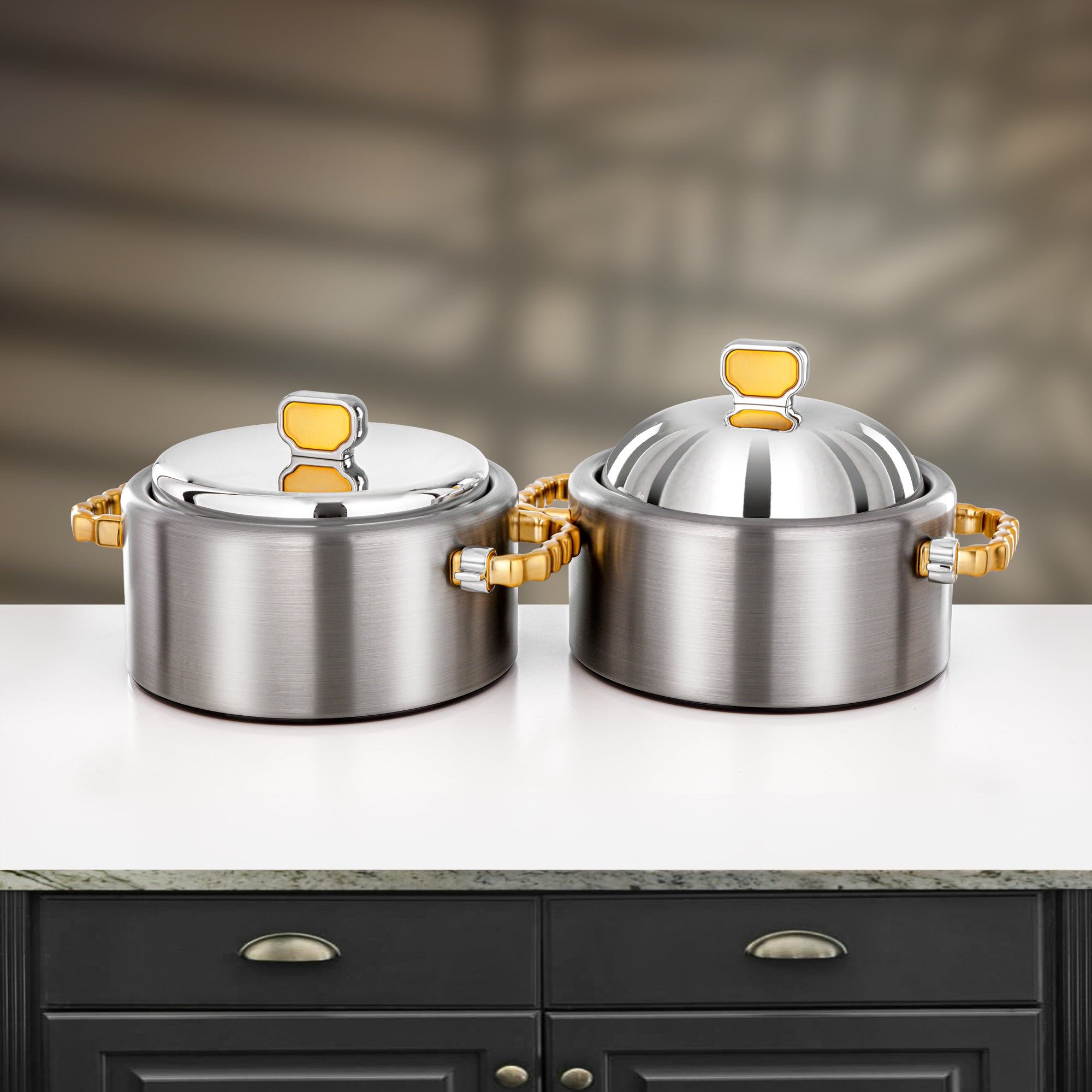Almarjan 2 Pieces Hot Pot Set, Brushed Matt Silver & Matt Gold
