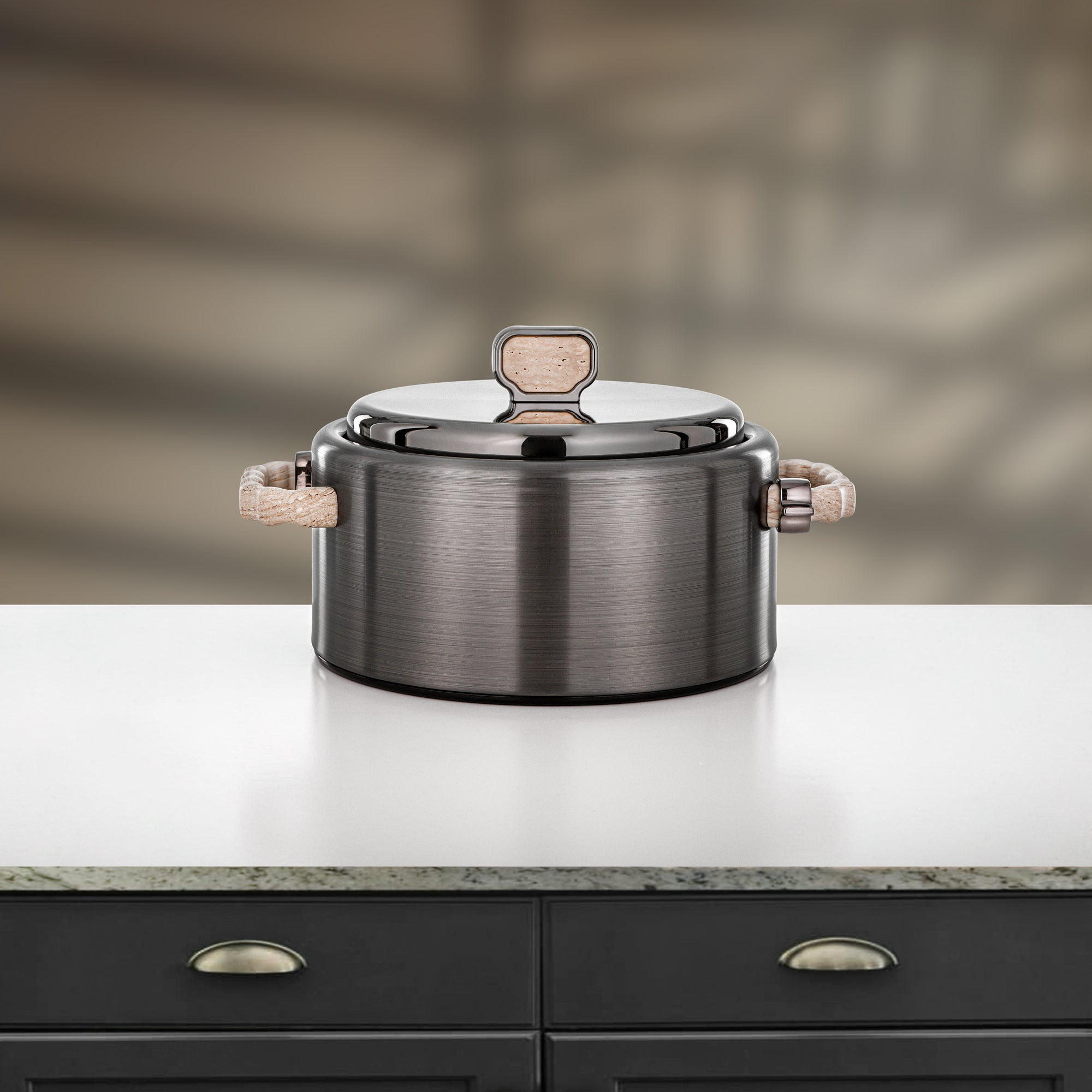 Almarjan 2 Pieces Hot Pot Set, Brushed Matt Gun Black & Travertine Marble