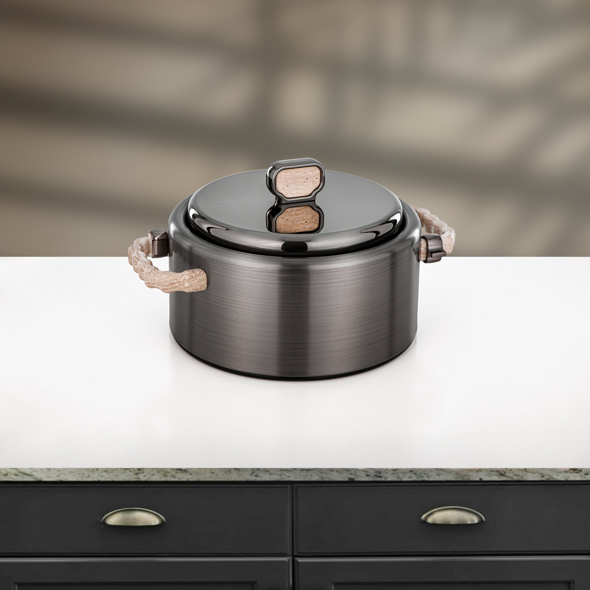 Almarjan 2 Pieces Hot Pot Set, Brushed Matt Gun Black & Travertine Marble
