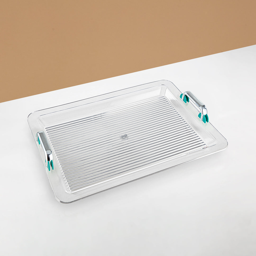 Almarjan Serving Tray 55CM, Acrylic, Silver & Tiffany Green Handle (FB06-550 TF/C) Ramadan Serveware