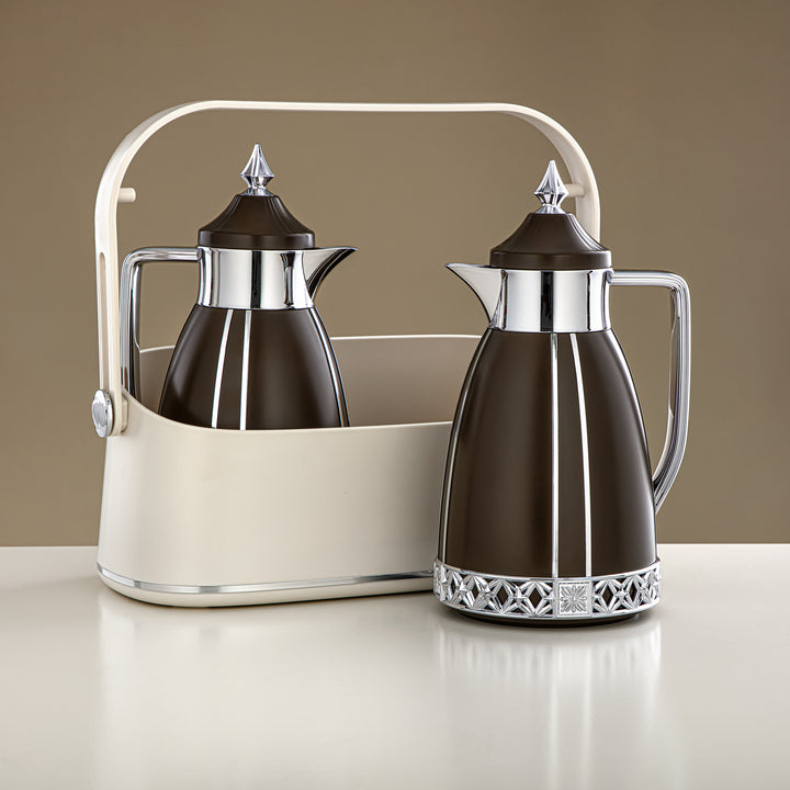 Almarjan 2 Pieces Vacuum Flask Set With Carrying Basket Brown & Silver - FB208-05 BR/C