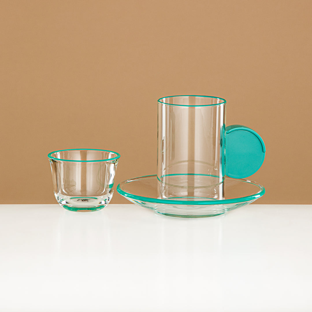 Almarjan Tea & Coffee Set 18 Pieces, Glass, Tiffany Green Rim & Handle (FB808-18 ALLTF) - Elegant Serveware for Tea & Coffee