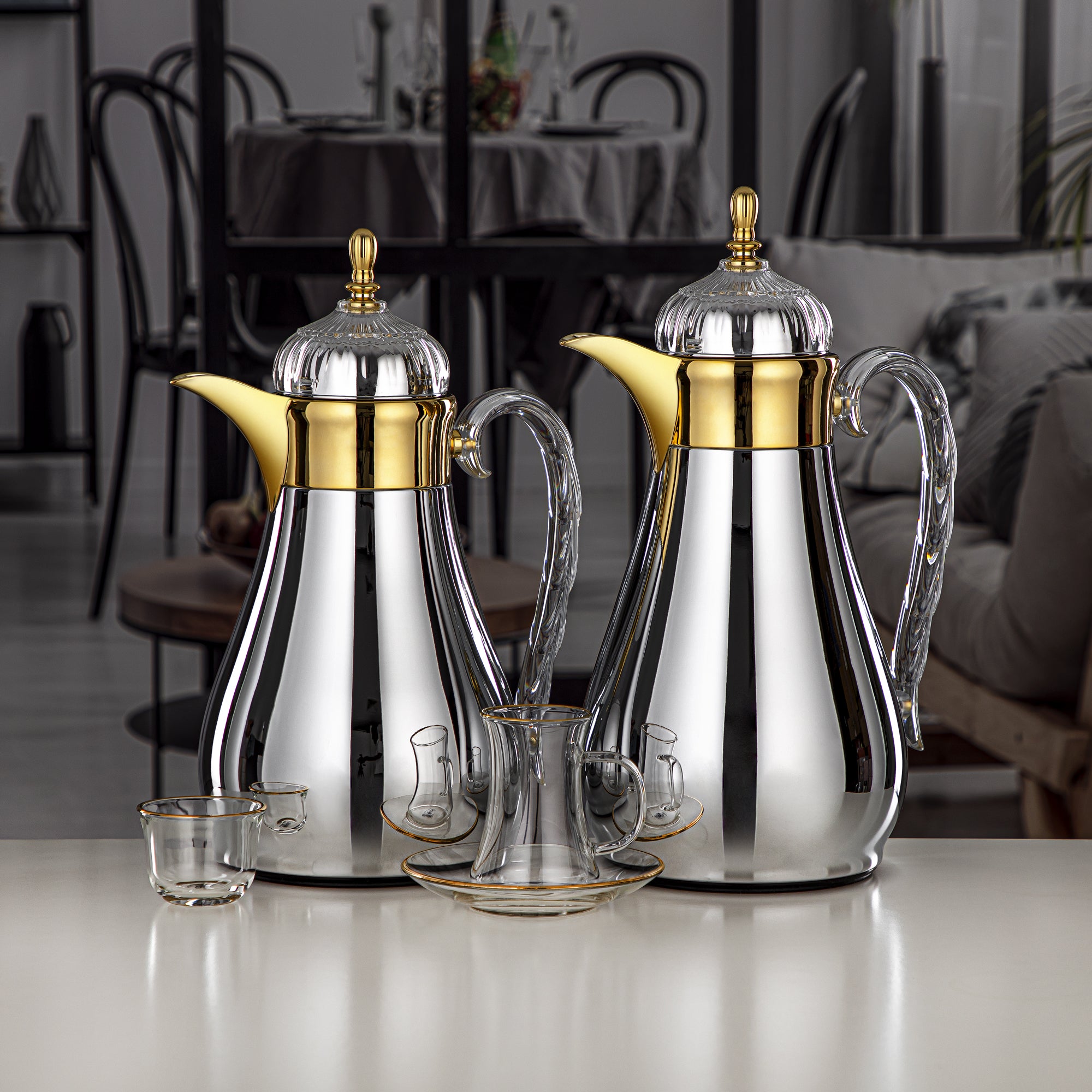 Almarjan Vacuum Flask Set 21 Pieces, Push Button, 0.7L + 1L, Silver, Gold & Transparent (FG810-21 C/G) - Elegant Vacuum Flask Sets