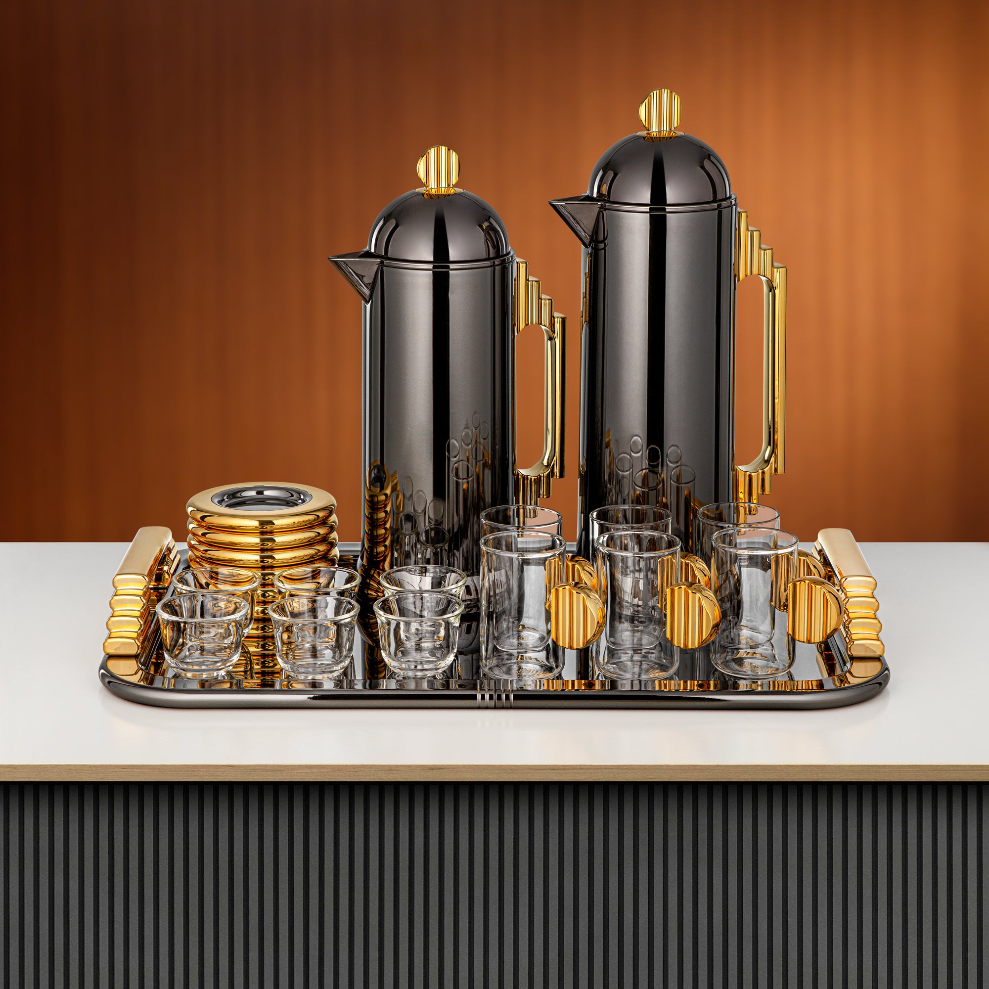 Almarjan Tea & Coffee Set 21 Pieces Gun Black & Gold