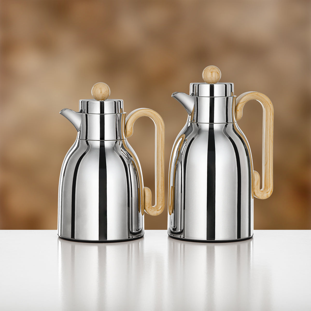 Almarjan 2 Pieces Vacuum Flask Set, Silver & Beige Marble