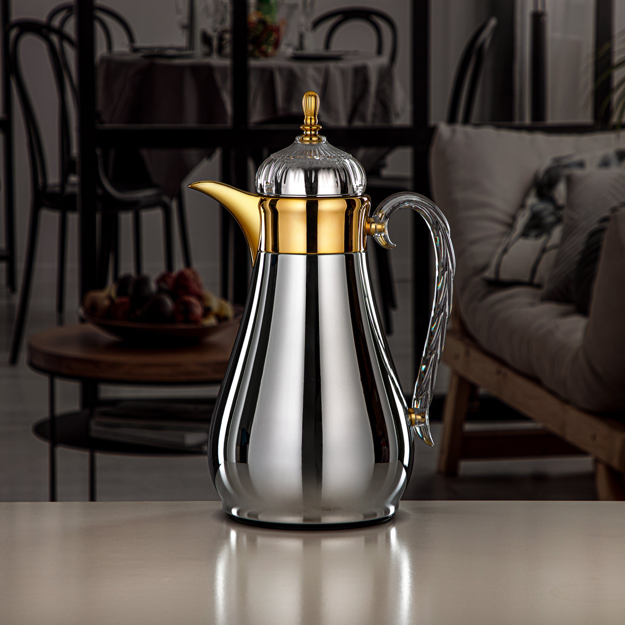 Almarjan Vacuum Flask Set, Push Button, 0.7L + 1L, Silver, Gold & Transparent (FG810-070/100 C/G) - Elegant Vacuum Flask Sets