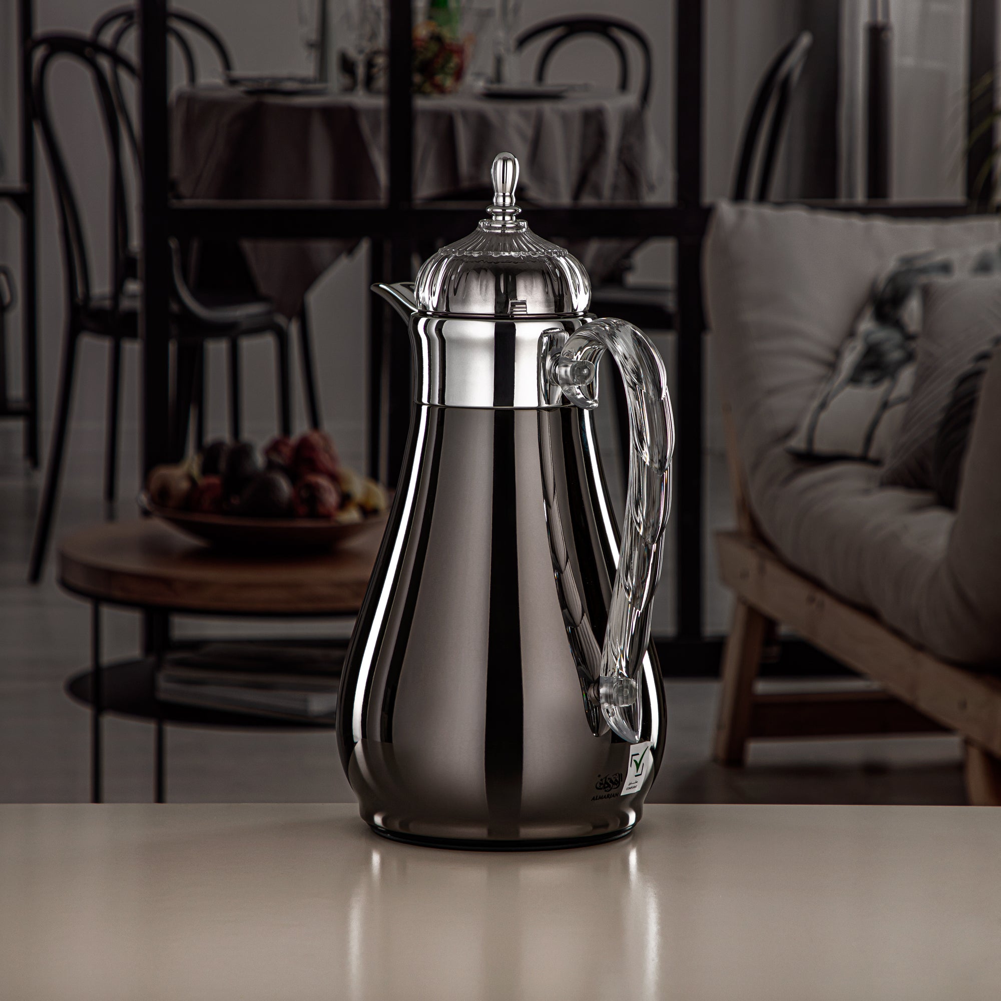 Almarjan Vacuum Flask Set, Push Button, 0.7L + 1L, Gun Black, Silver & Transparent (FG810-070/100 GB/C) - Elegant Vacuum Flask Sets