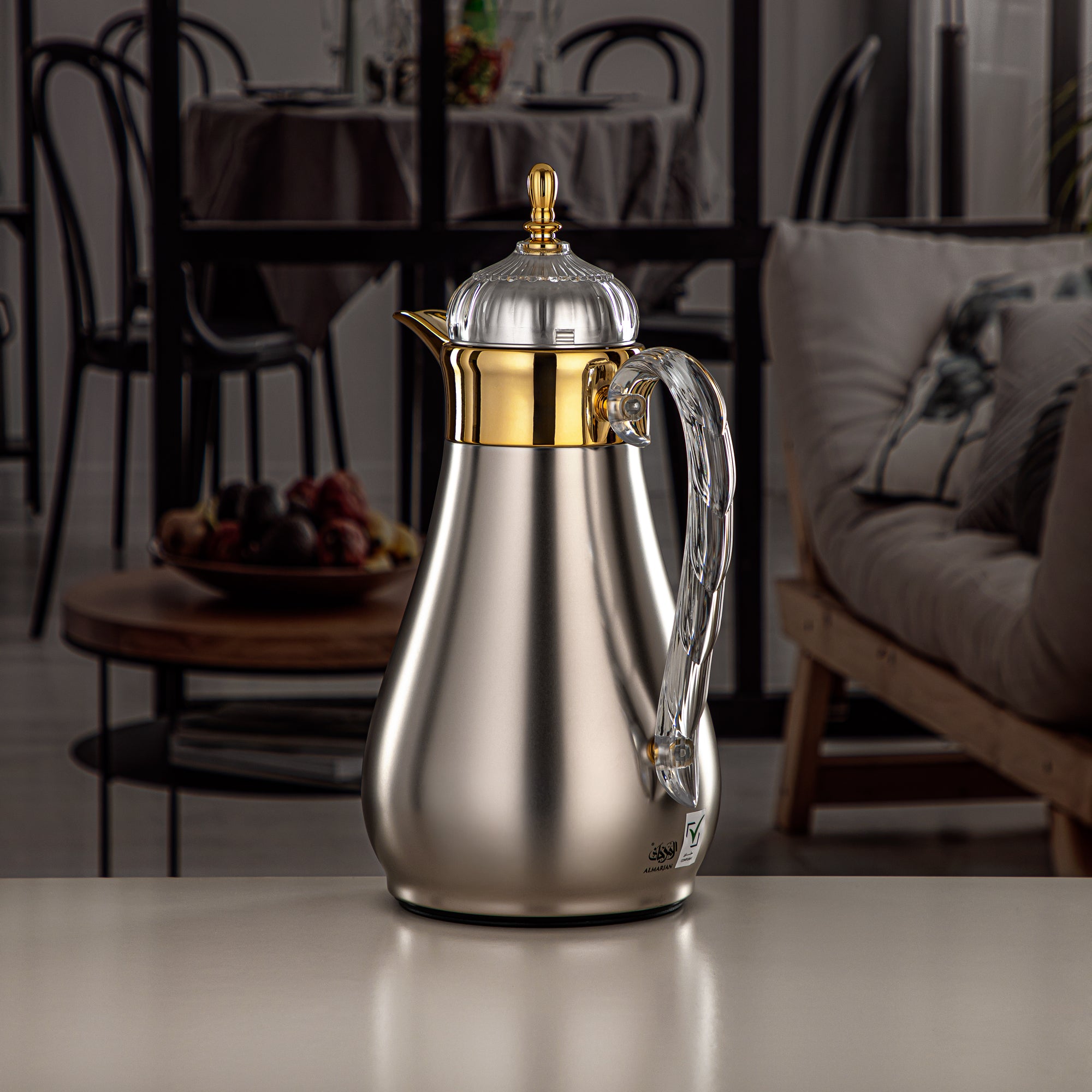 Almarjan Vacuum Flask Set, Push Button, 0.7L + 1L, Matt Silver, Gold & Transparent (FG810-070/100 MC/G) - Elegant Vacuum Flask Sets