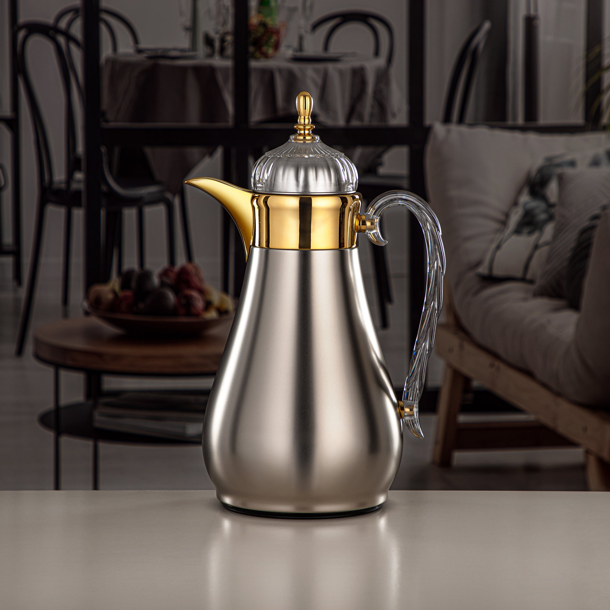 Almarjan Vacuum Flask Set, Push Button, 0.7L + 1L, Matt Silver, Gold & Transparent (FG810-070/100 MC/G) - Elegant Vacuum Flask Sets