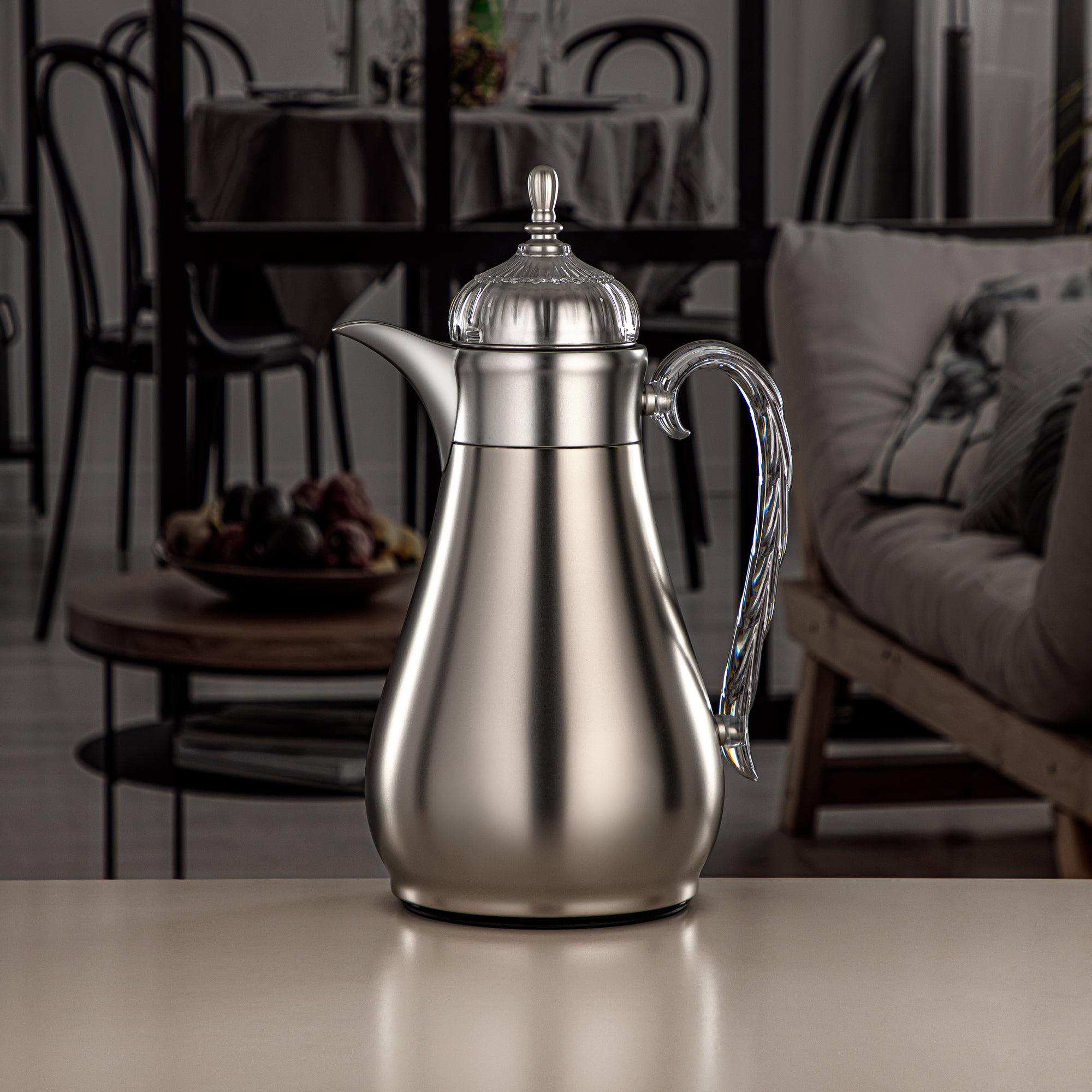 Almarjan Vacuum Flask Set, Push Button, 0.7L + 1L, Matt Silver & Transparent (FG810-070/100 MC/TR) - Elegant Vacuum Flask Sets