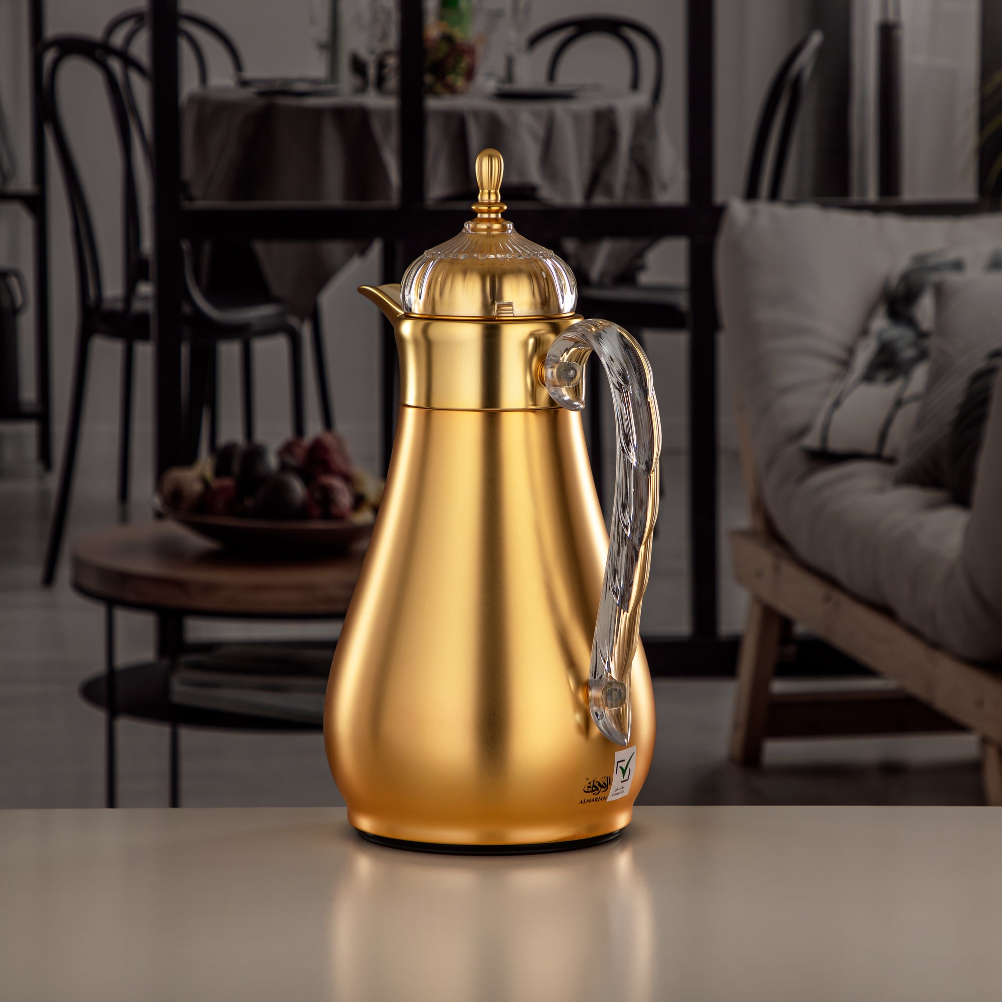 Almarjan Vacuum Flask Set, Push Button, 0.7L + 1L, Matt Gold & Transparent (FG810-070/100 MG/TR) - Elegant Vacuum Flask Sets