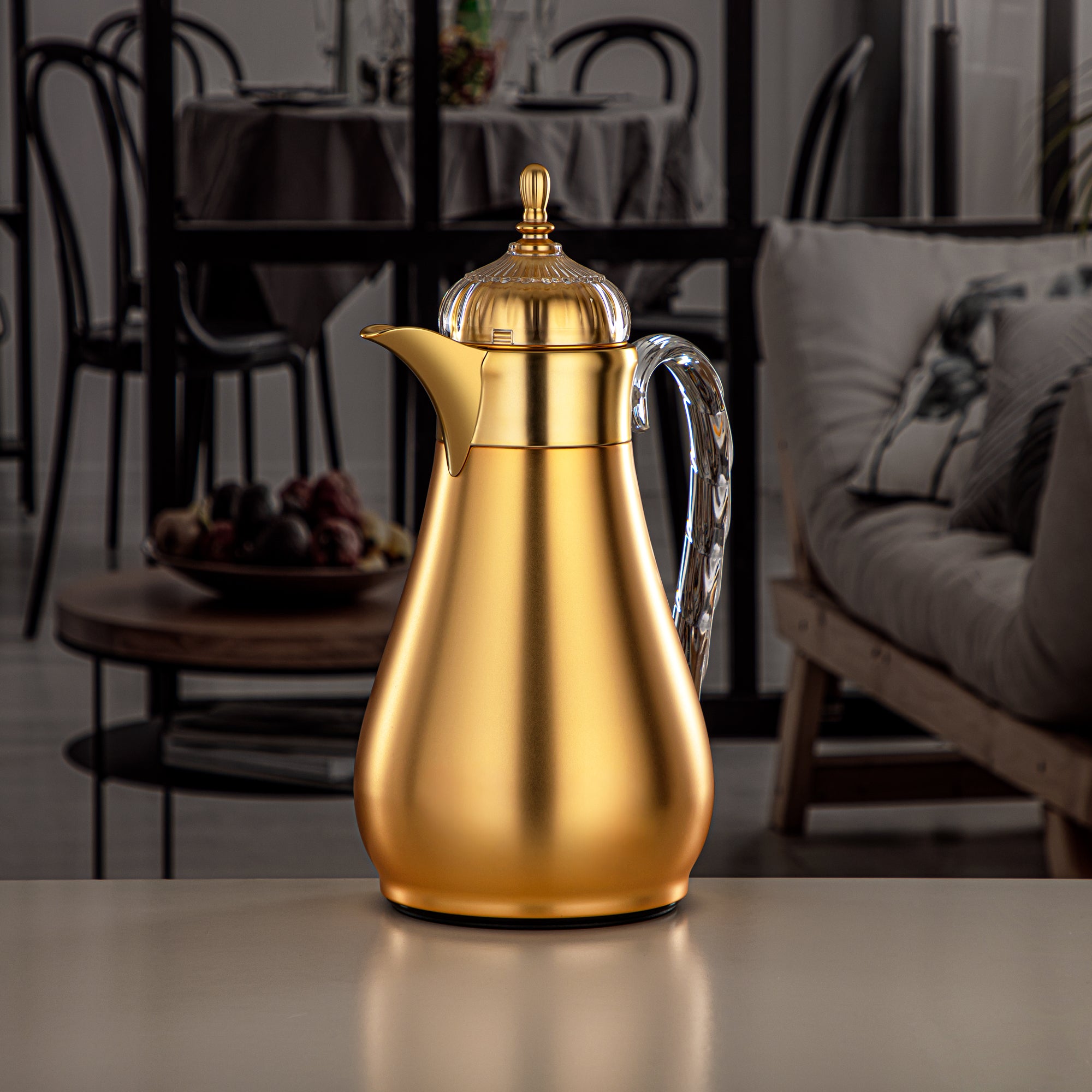 Almarjan Vacuum Flask Set, Push Button, 0.7L + 1L, Matt Gold & Transparent (FG810-070/100 MG/TR) - Elegant Vacuum Flask Sets