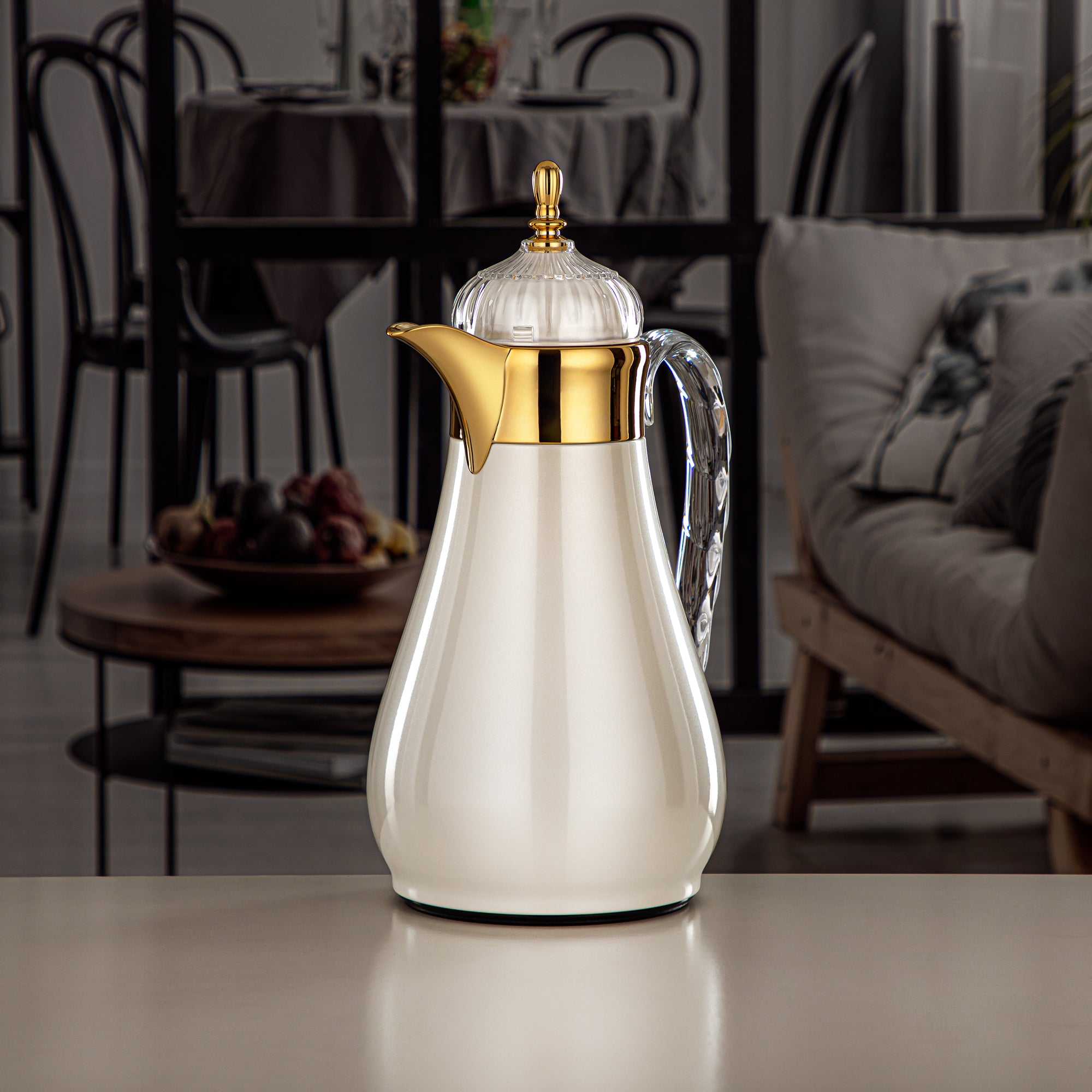 Almarjan Vacuum Flask Set, Push Button, 0.7L + 1L, Pearl White, Gold & Transparent (FG810-070/100 PW/G) - Elegant Vacuum Flask Sets