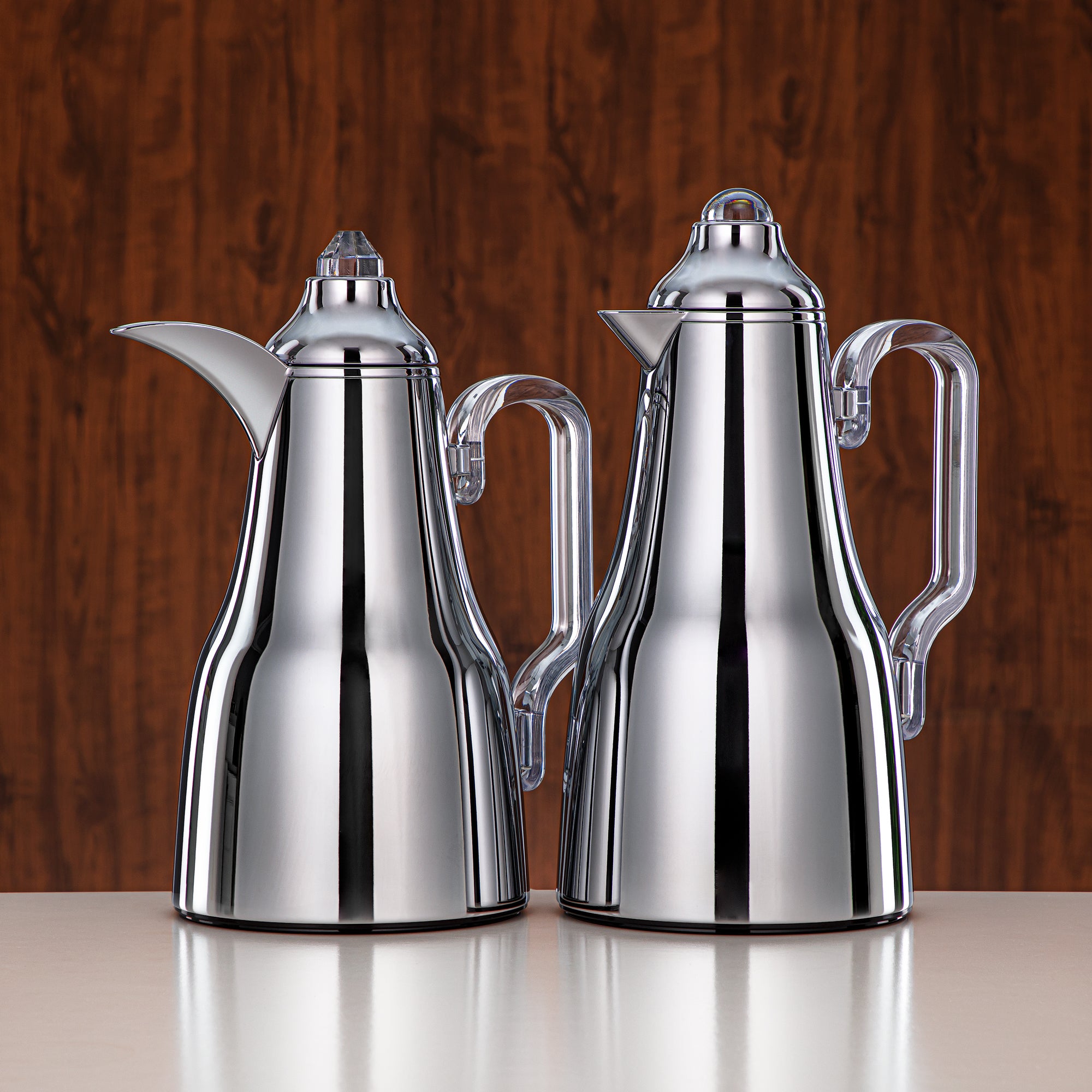 Almarjan Vacuum Flask Set Metal Body Silver with Transparent Handle & Knob 0.7L + 1L (FG814-070/100 C/TR) – Elegant Serving | Ramadan & Gatherings