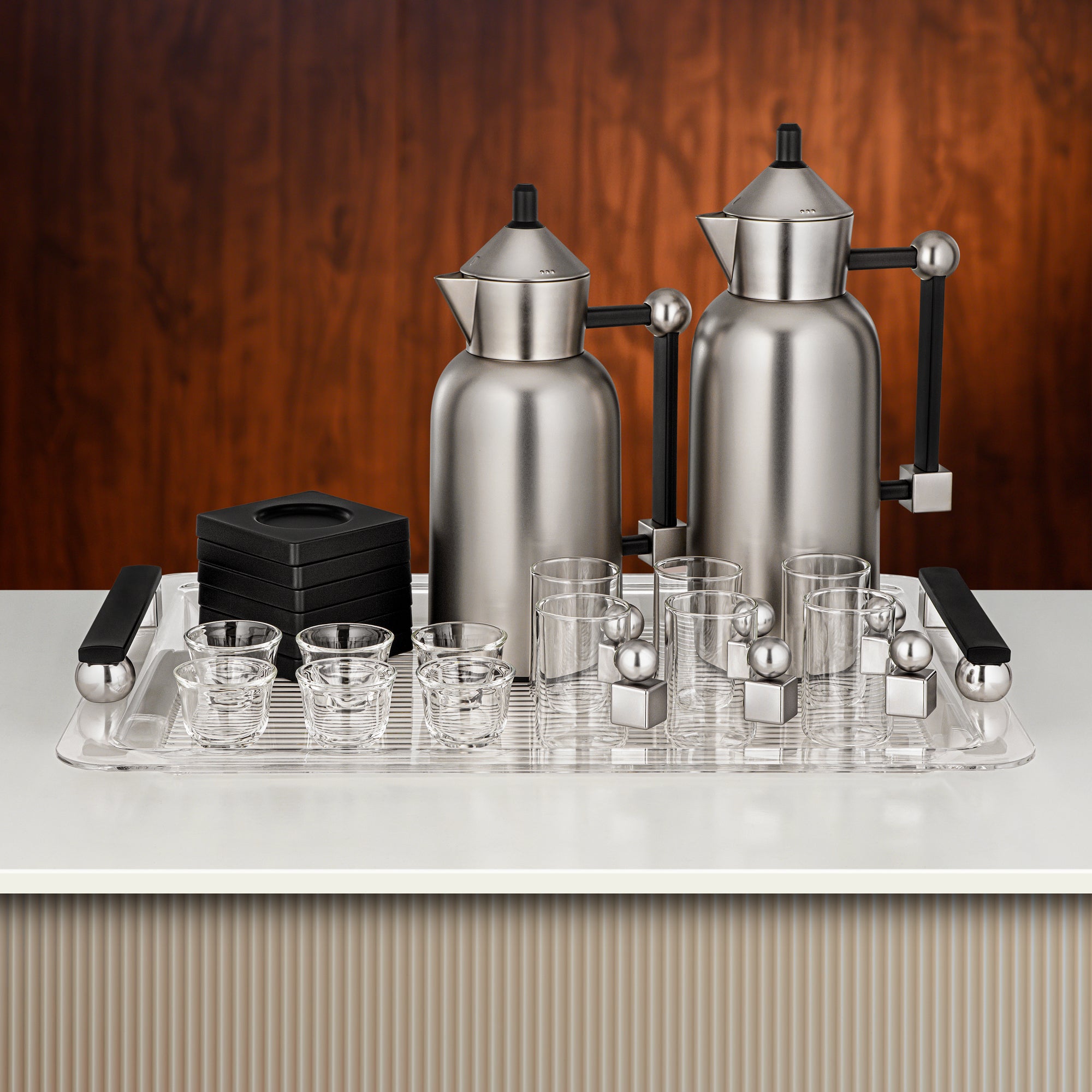 Almarjan Tea & Coffee Set 21 Pieces Matt Nickel & Black