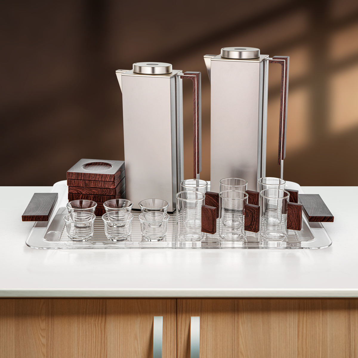 Almarjan 21 Pieces Tea & Coffee Set, Matt Nickel & Dark Wood