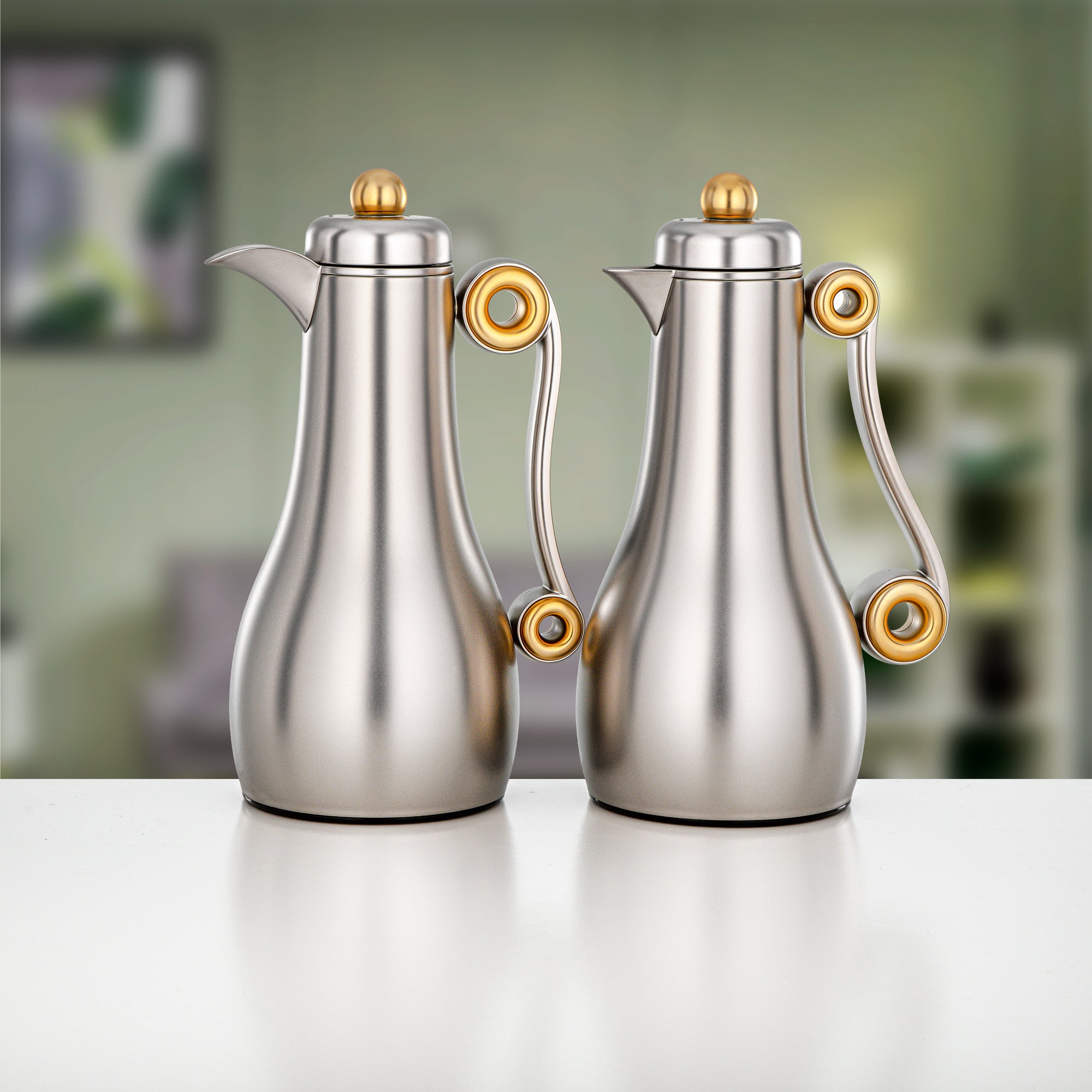 Almarjan 2 Pieces Vacuum Flask Set, Matt Nickel & Matt Gold