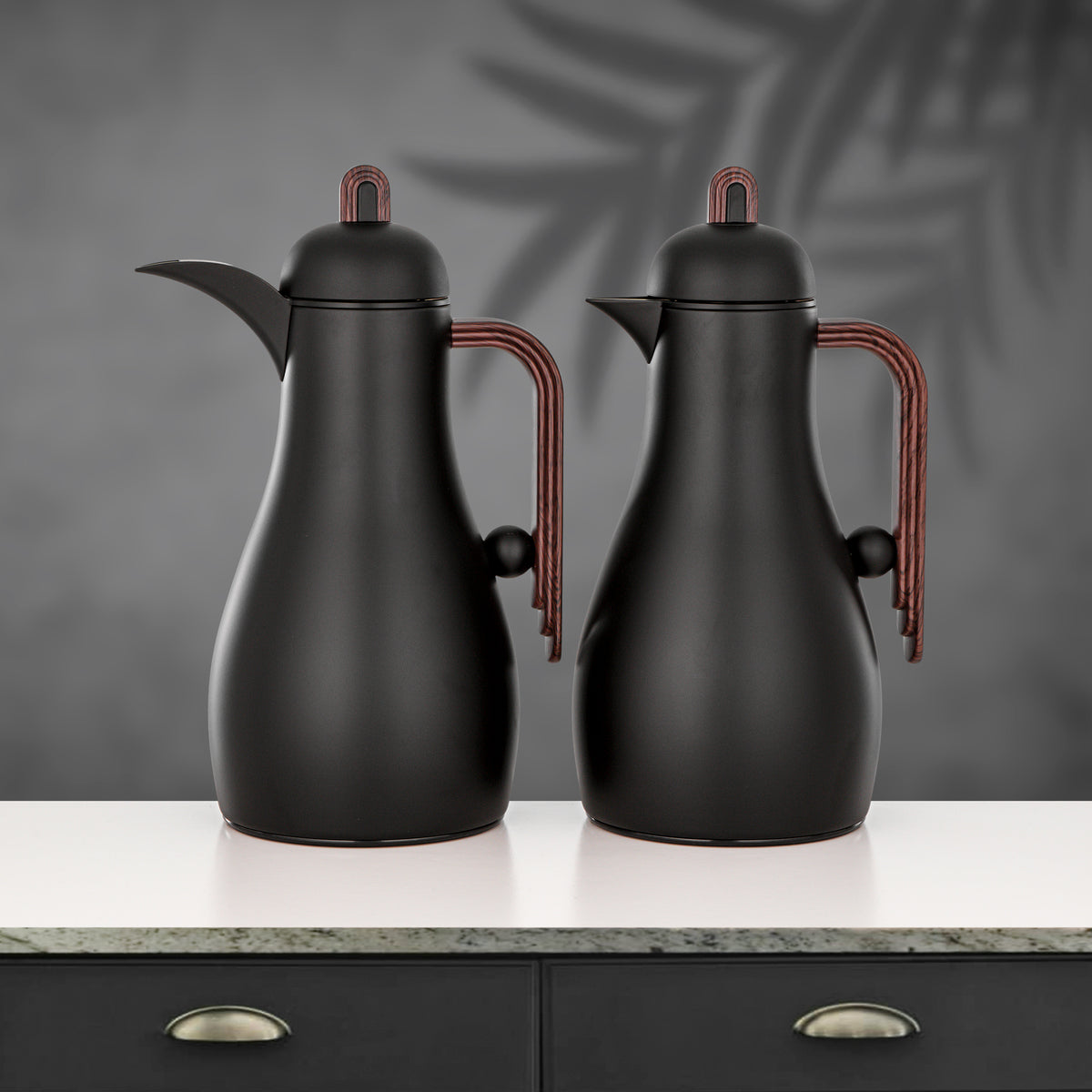 Almarjan 2 Pieces Vacuum Flask Set, Black & Dark Wood