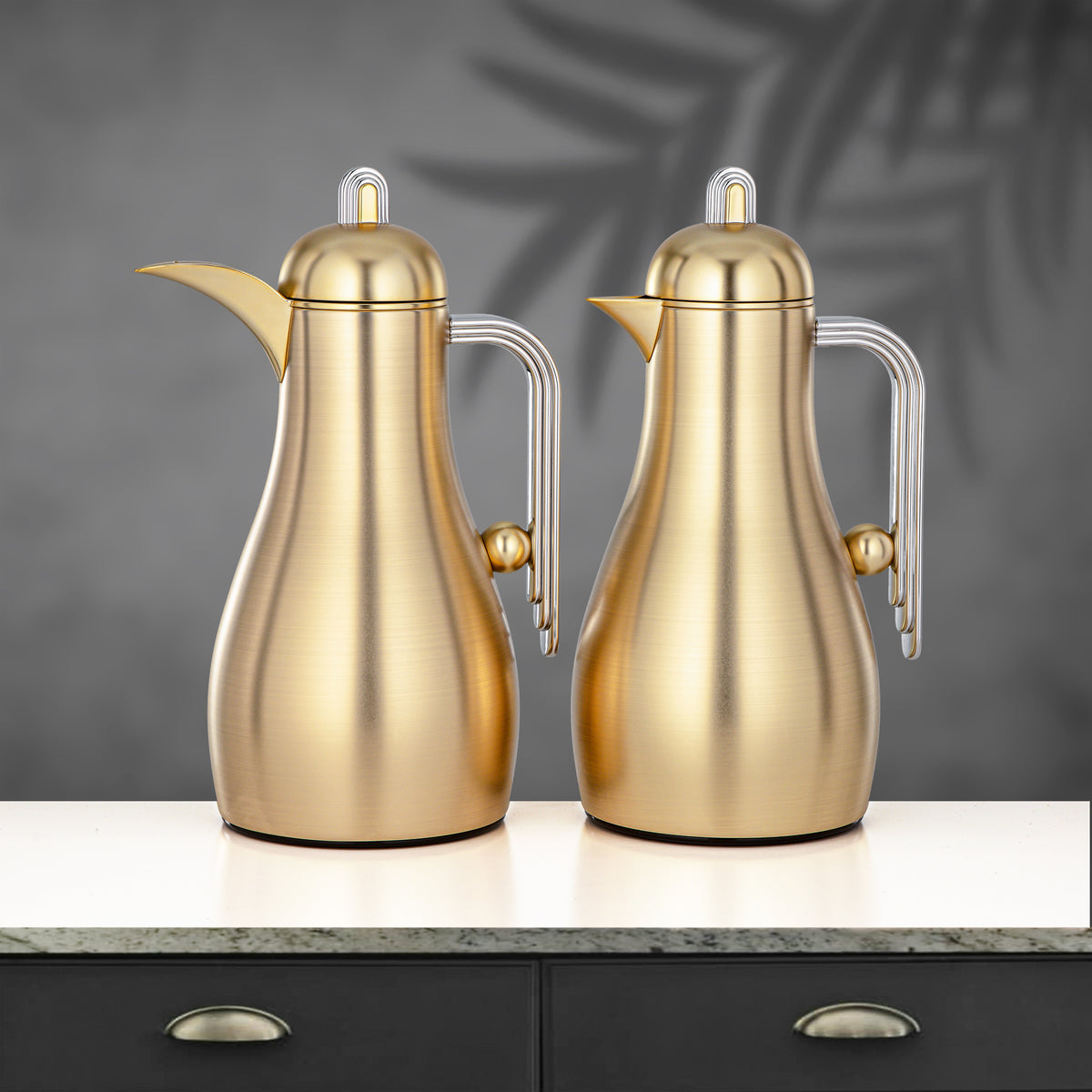 Almarjan 2 Pieces Vacuum Flask Set, Brushed Brass & Silver
