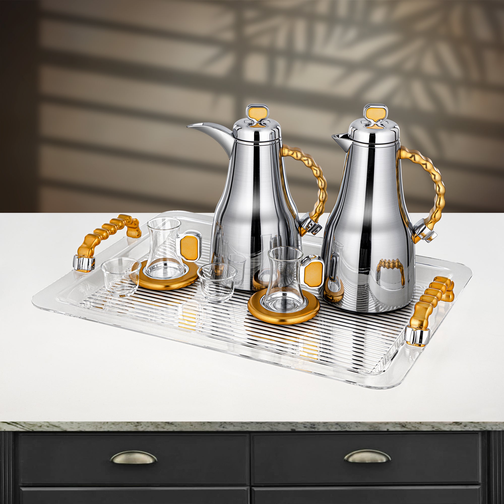 Almarjan 21 Pieces Tea & Coffee Set, Brushed Silver & Matt Gold