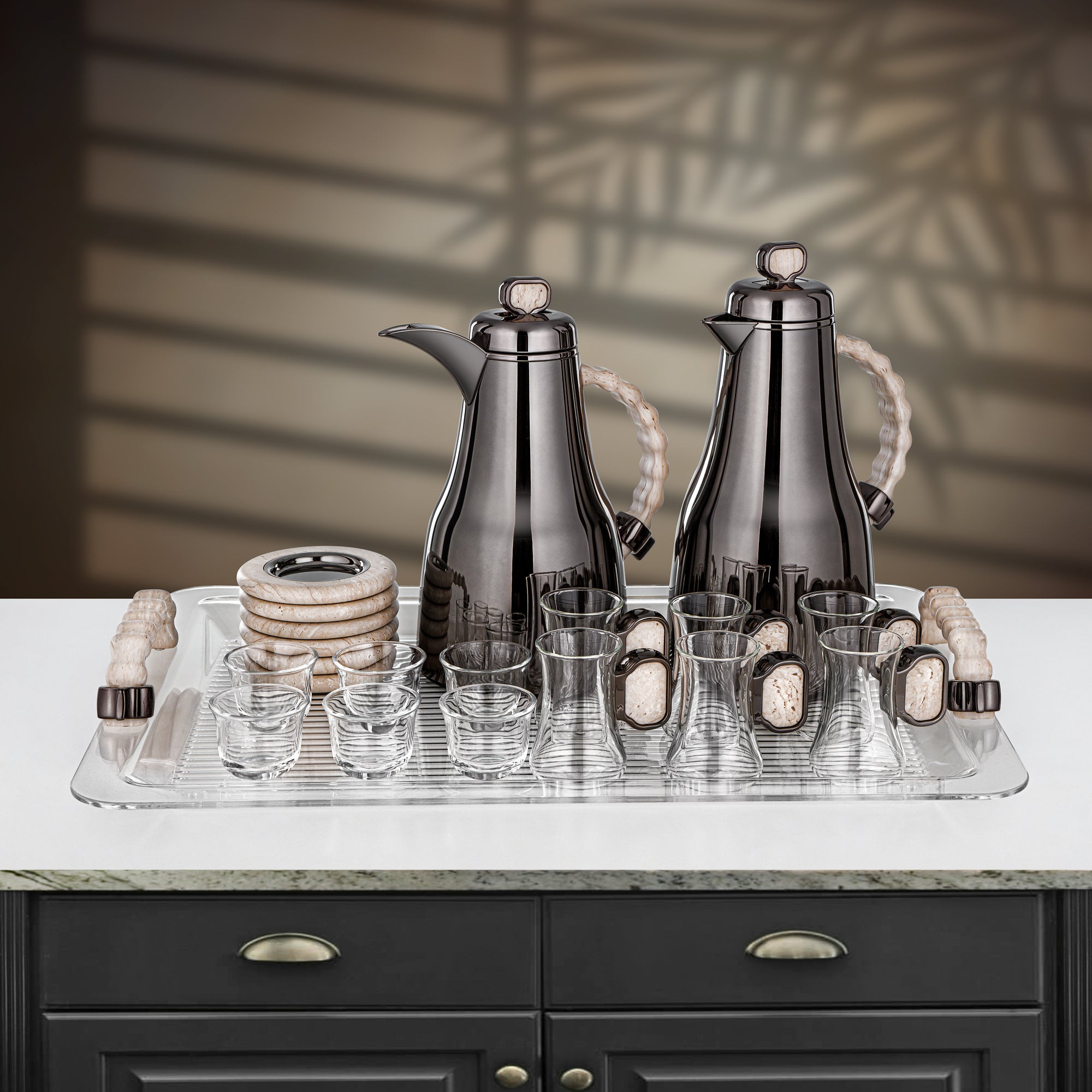 Almarjan 21 Pieces Tea & Coffee Set, Gun Black & Travertine Marble