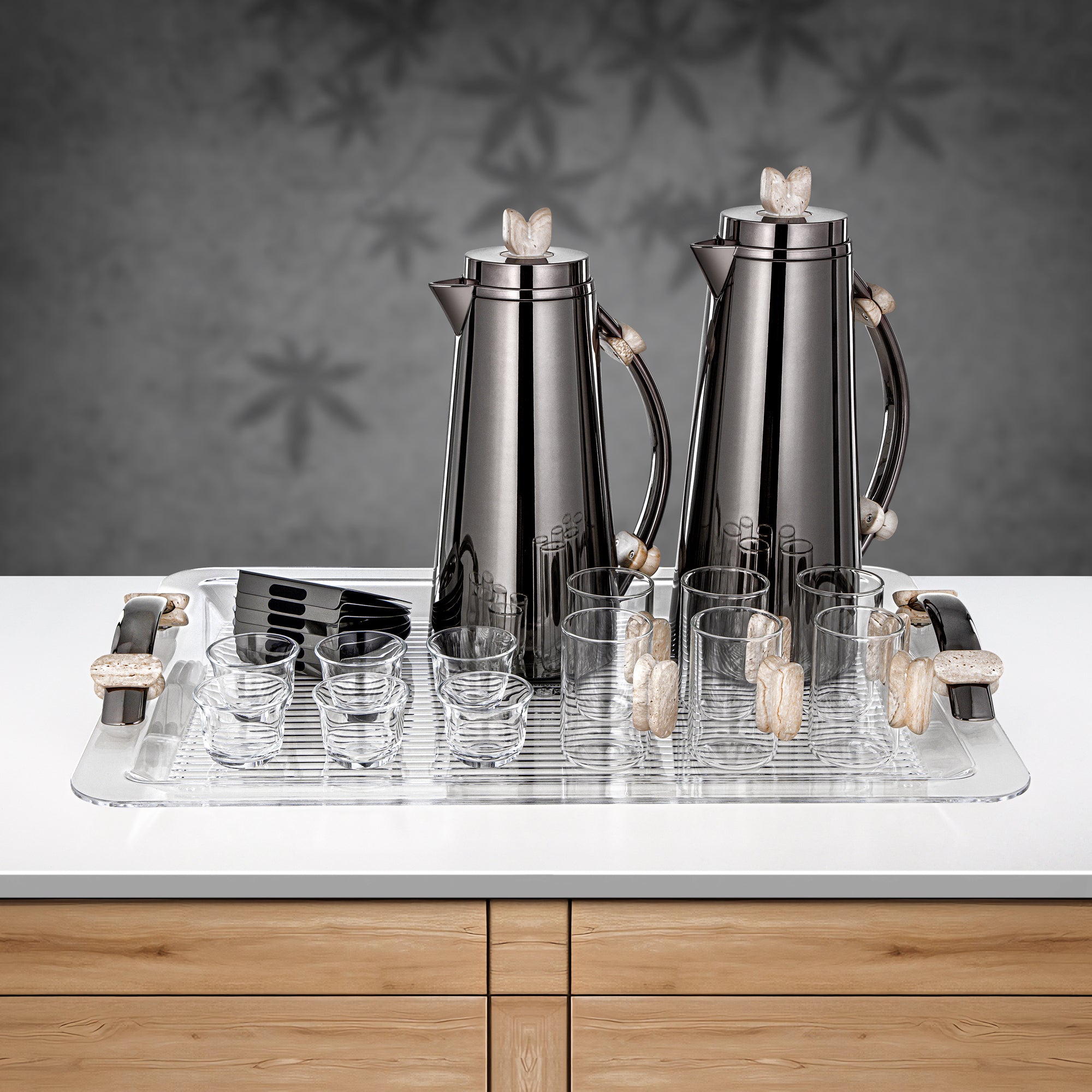 Almarjan 21 Pieces Tea & Coffee Set, Gun Black & Travertine Marble