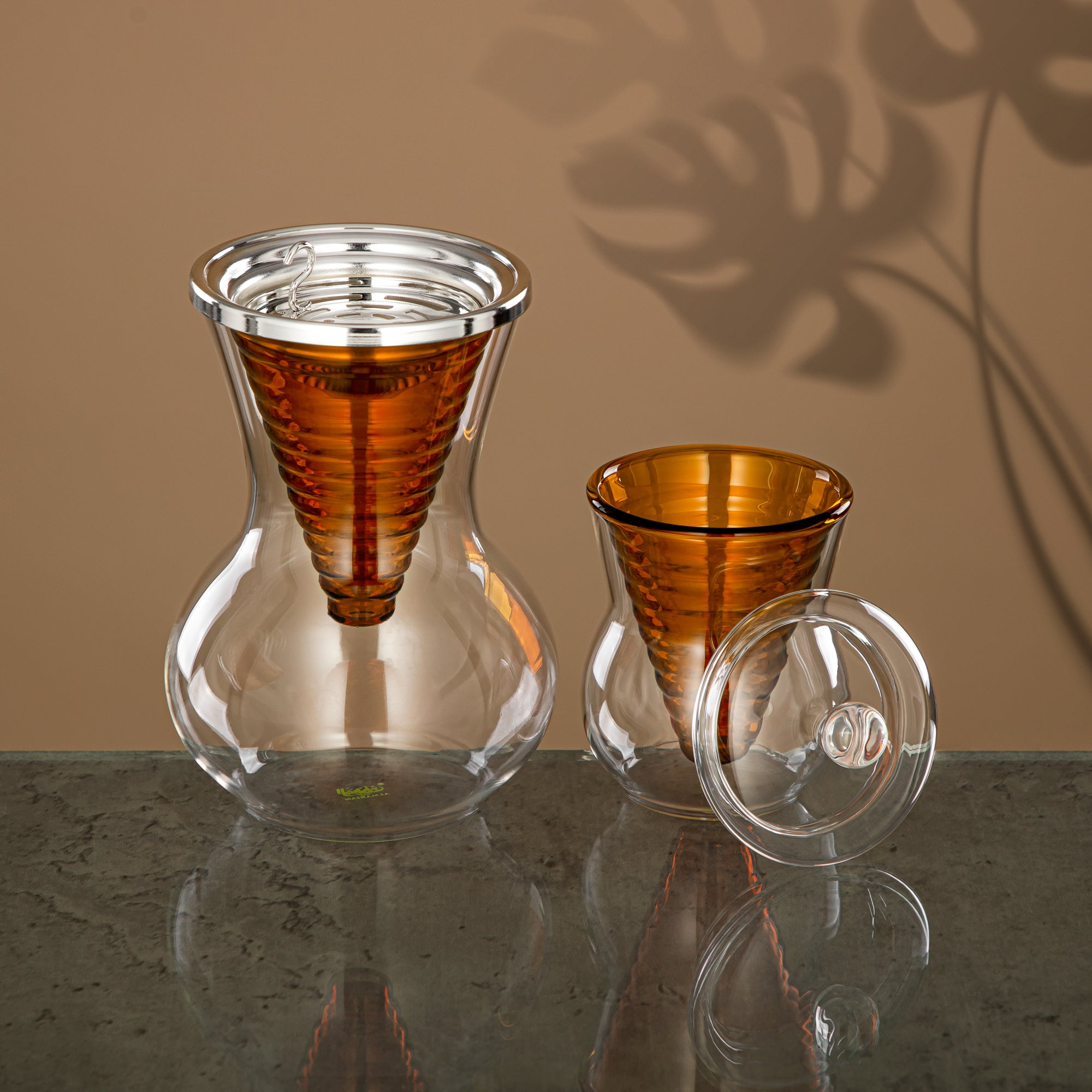 Almarjan Incense Burner Set 2 Pieces, Borosilicate Glass, Clear & Amber (GLS0010165) - Oud Burner