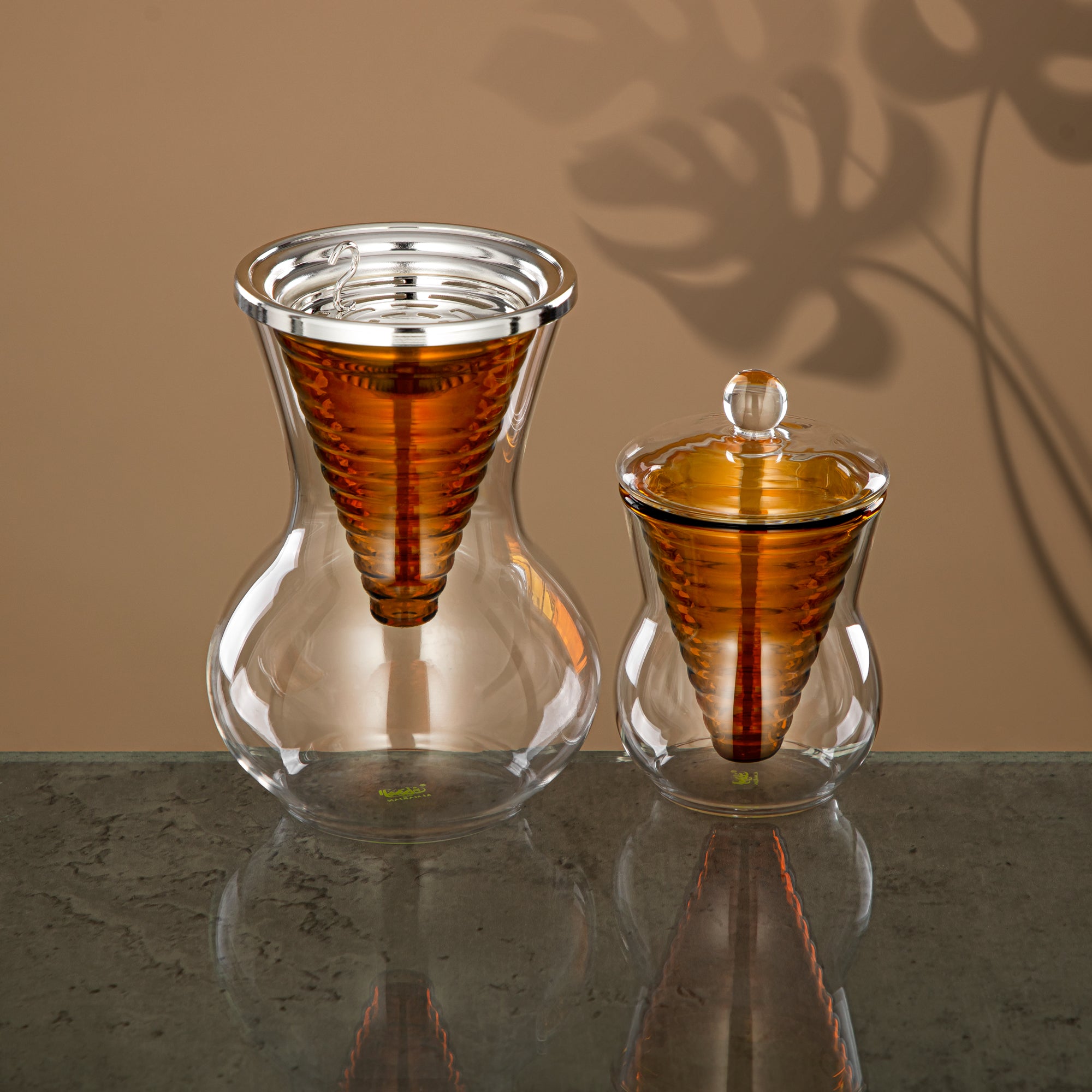 Almarjan Incense Burner Set 2 Pieces, Borosilicate Glass, Clear & Amber (GLS0010165) - Oud Burner