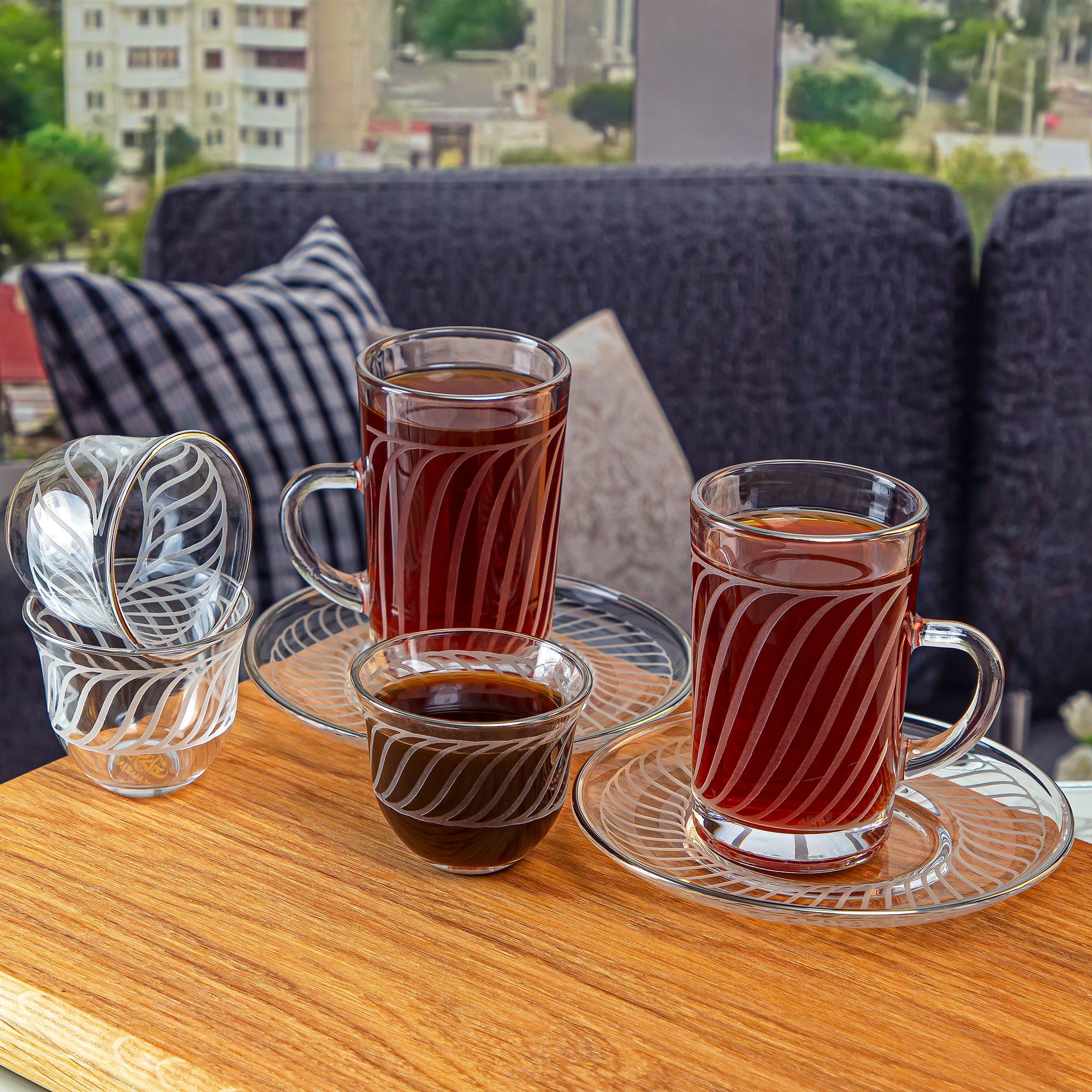 Almarjan 18 Pieces Wave Collection Glass Tea & Coffee Set With Silver Rim - GLS2630039