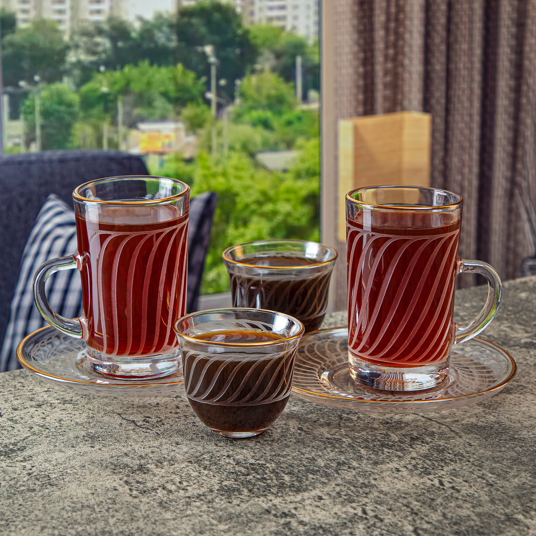 Almarjan 18 stykker Wave Collection glas te- og kaffesæt med gylden kant - GLS2630042