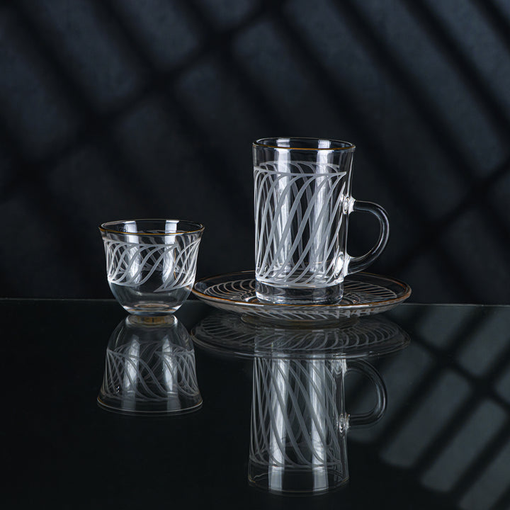 Almarjan 18 stykker Wave Collection glas te- og kaffesæt med gylden kant - GLS2630042
