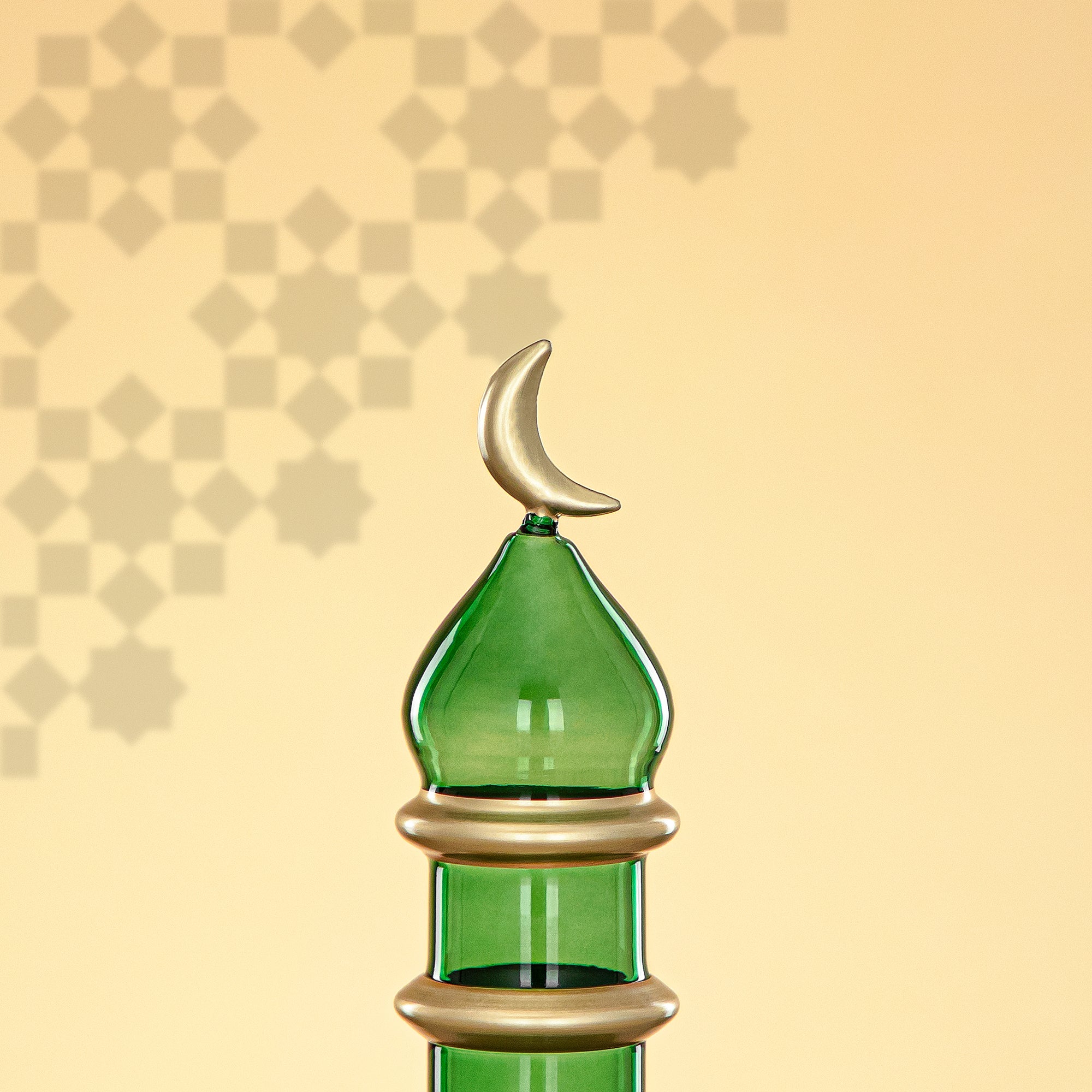 Almarjan Minaret Table Decoration 16.5cm x 6cm Transparent Green with Golden Lines & Crescent Moon – Noor Al Layali