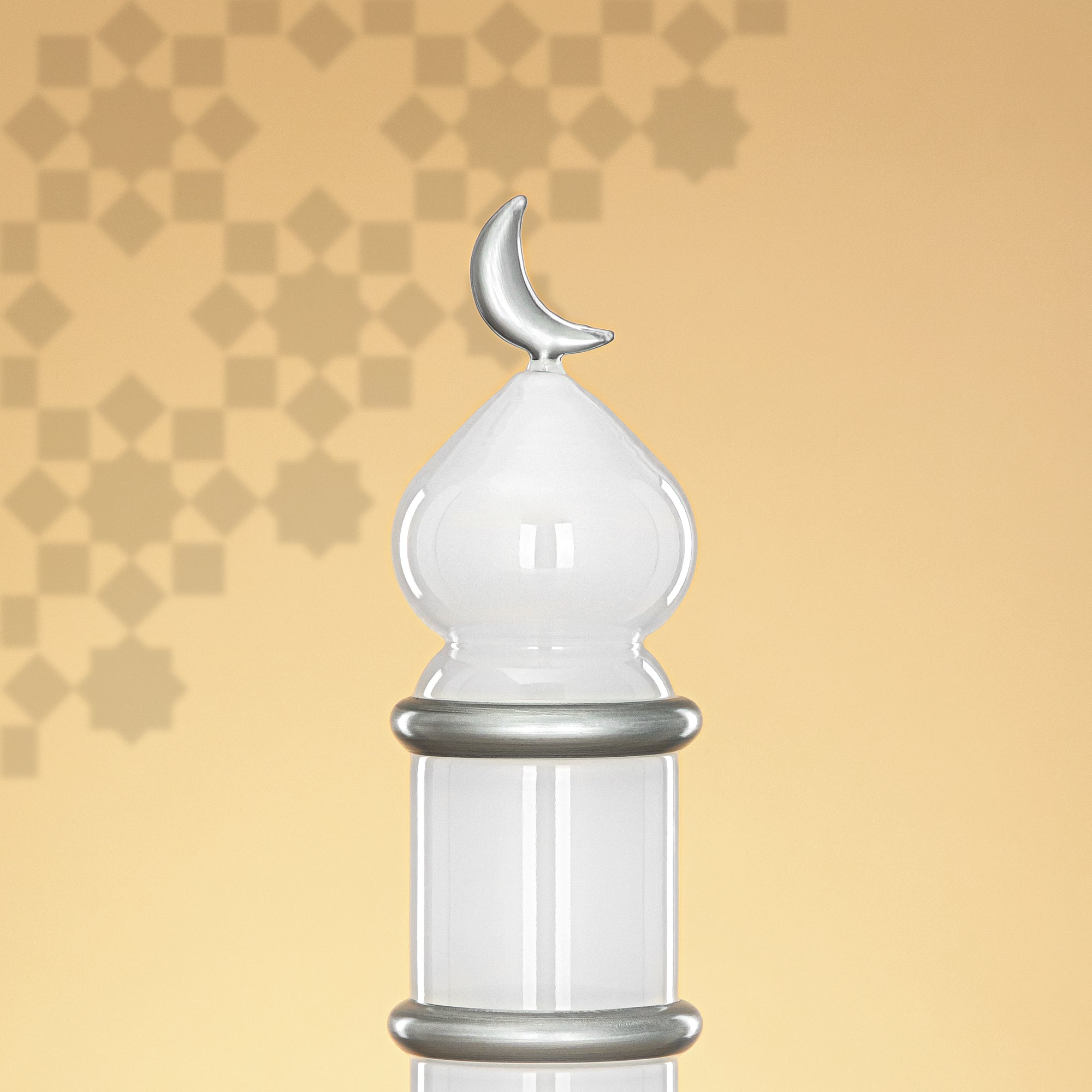 Almarjan Minaret Table Decoration 34cm x 10cm White with Silver Lines & Crescent Moon – Noor Al Layali