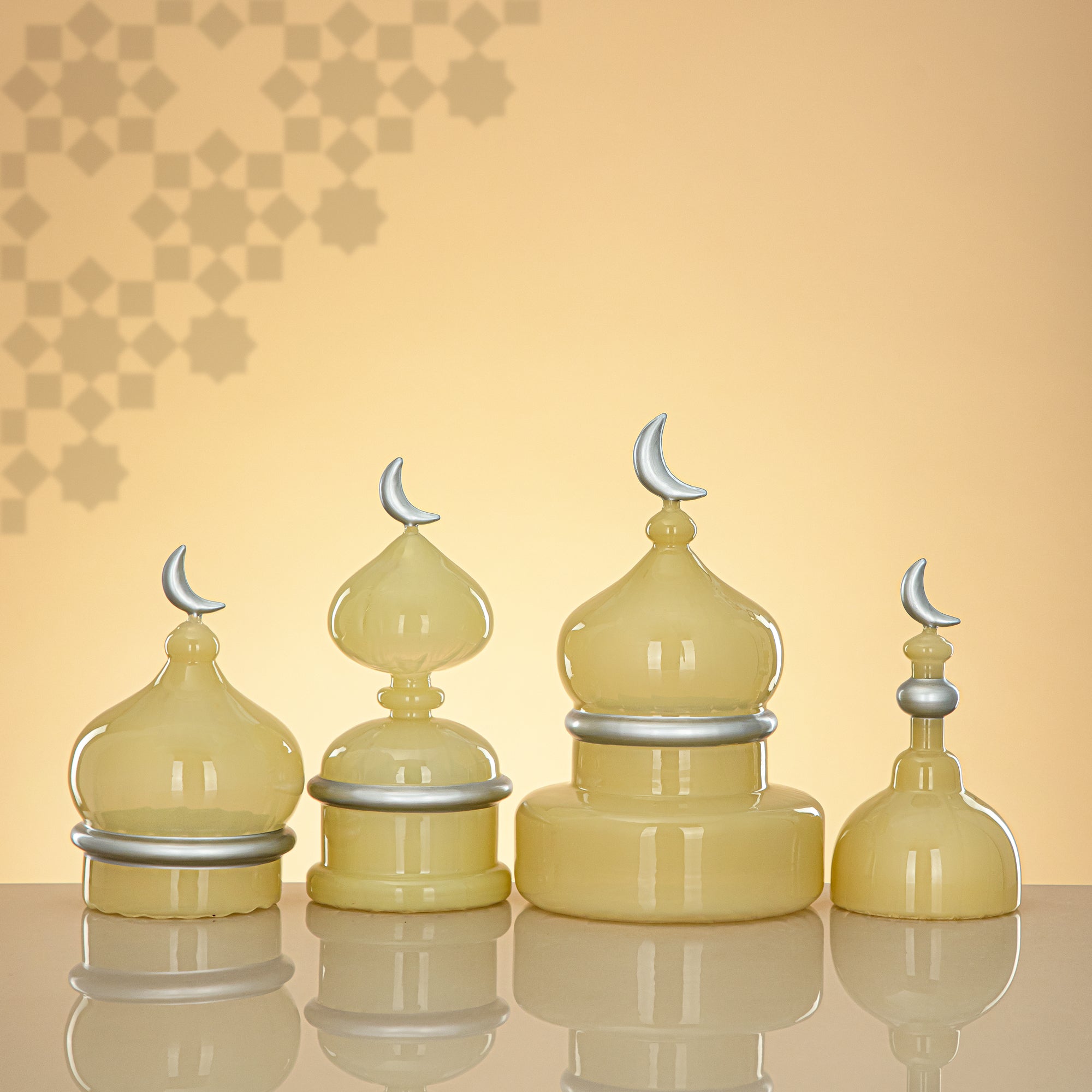 Almarjan Minaret Table Decoration 22cm x 10cm Ivory with Silver Lines & Crescent Moon – Noor Al Layali