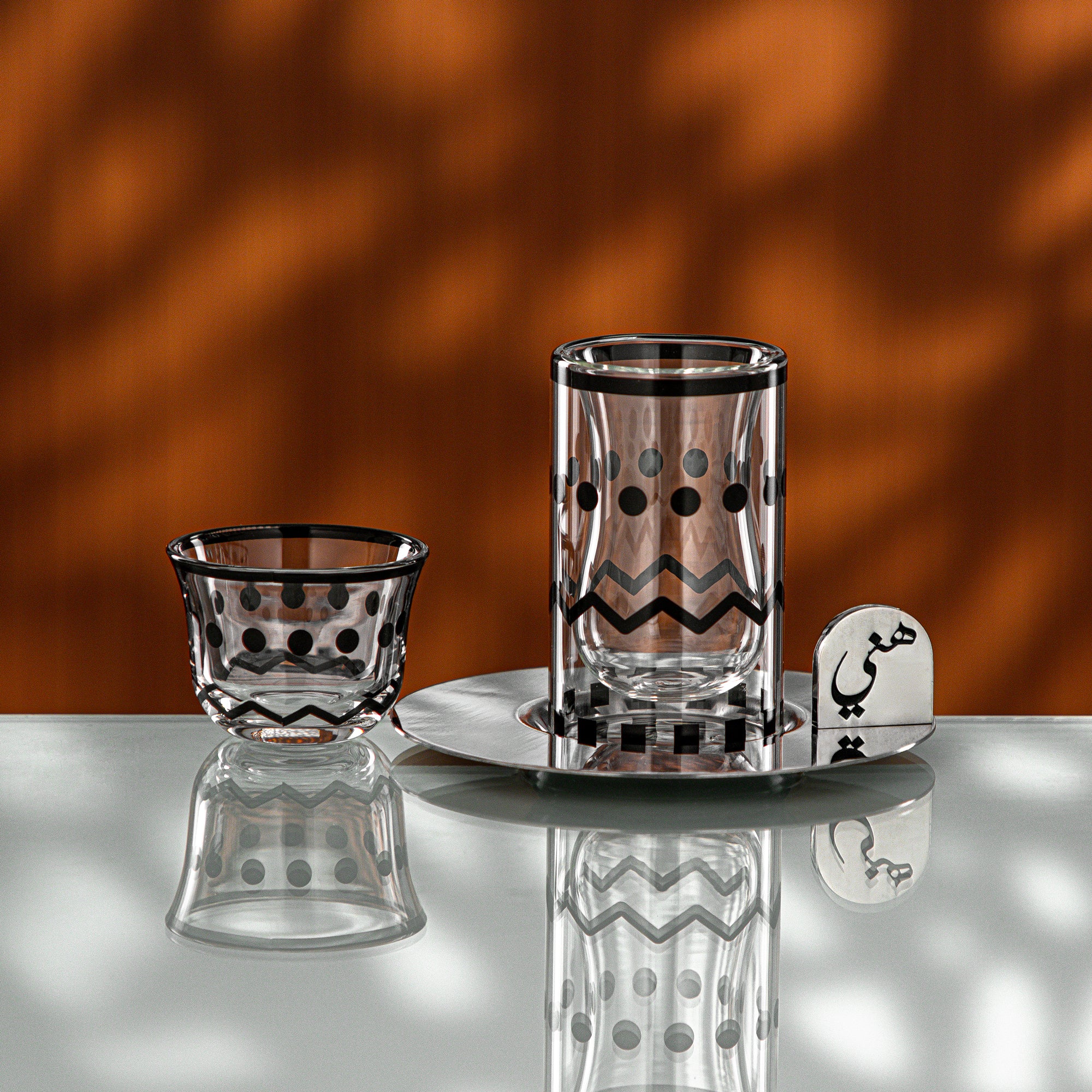 Almarjan Tea & Coffee Set 18 Pieces Shiny Silver & Black