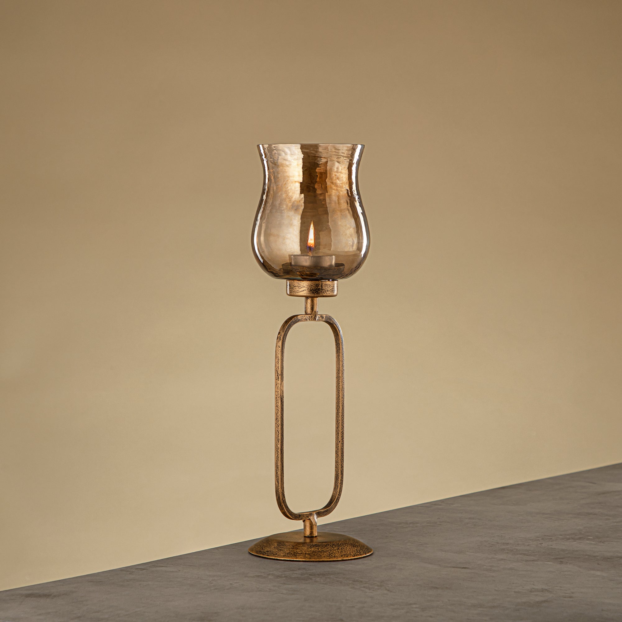 Almarjan Elemental Votive Holder Hammered Copper Brown Glass 11x11x36 CM Antique Gold Stand (GMT2960009)