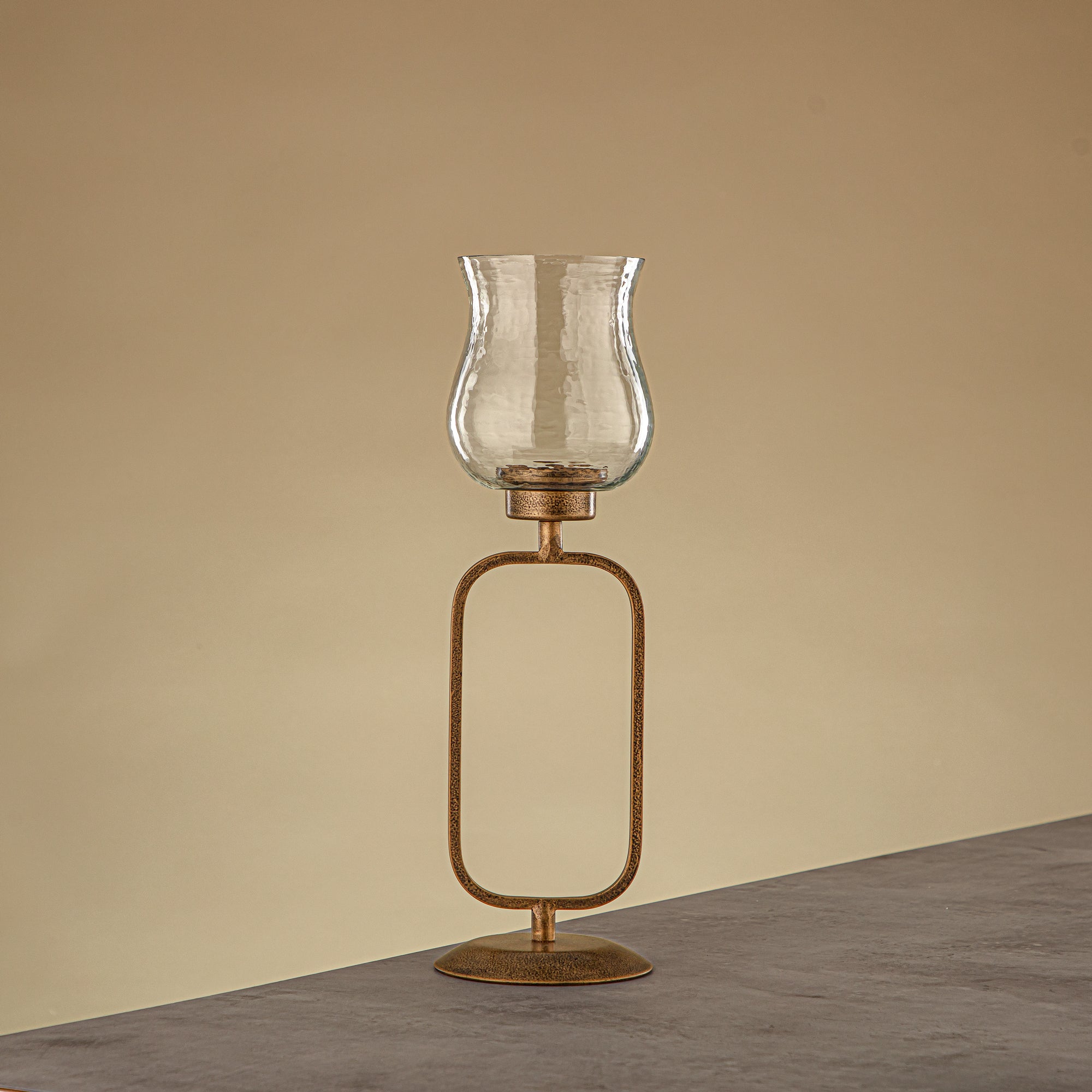 Almarjan Elemental Votive Holder Hammered Clear Glass 11x11x36 CM Antique Gold Stand (GMT2960011)