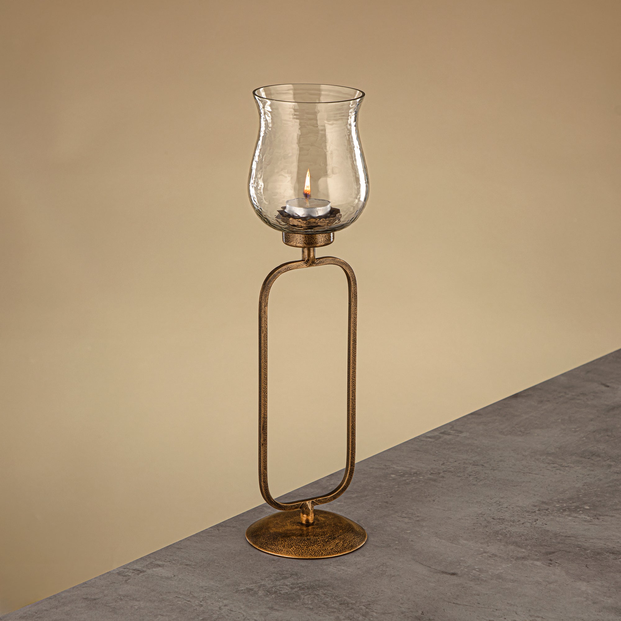 Almarjan Elemental Votive Holder Hammered Clear Glass 11x11x41 CM Antique Gold Stand (GMT2960015)